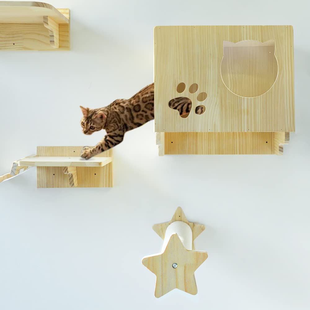 La La Pet® Wall Mounted Cat Furniture Set of 9 - Wooden Cat Shelves, Perches, Steps Ladder, Bed & Climbing Structure - Modern Cat Lounger & Activity Tree for Indoor Cats - Perfect for Small Spaces & Multi-Cat Homes