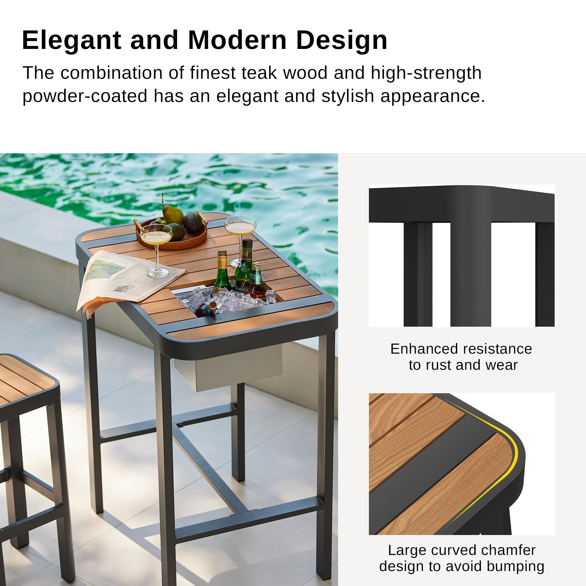 EAST OAK Signature 3-Piece Outdoor Bar Set - Teak & Aluminum High Top Table with 2 Chairs - Modern Patio Furniture for Garden, Backyard, Poolside & Balcony - Weather-Resistant Dark Grey Bistro Set for Outdoor Dining & Entertaining