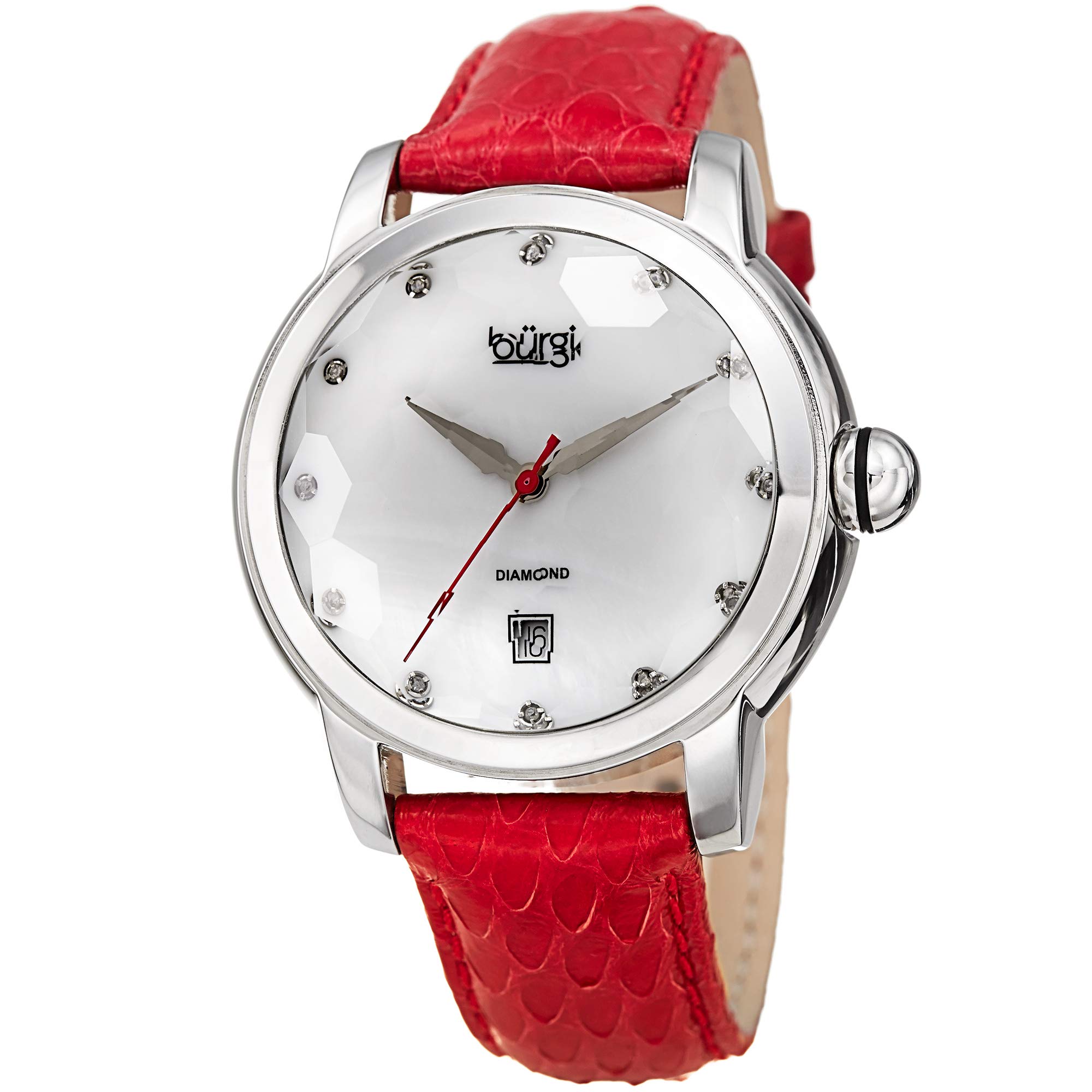 Burgi Women's Swiss Quartz Diamond Watch - Mother of Pearl Dial with 12 Genuine Diamonds, Snake Skin Leather Strap - BUR014 - Perfect for Office, Party & Special Occasions