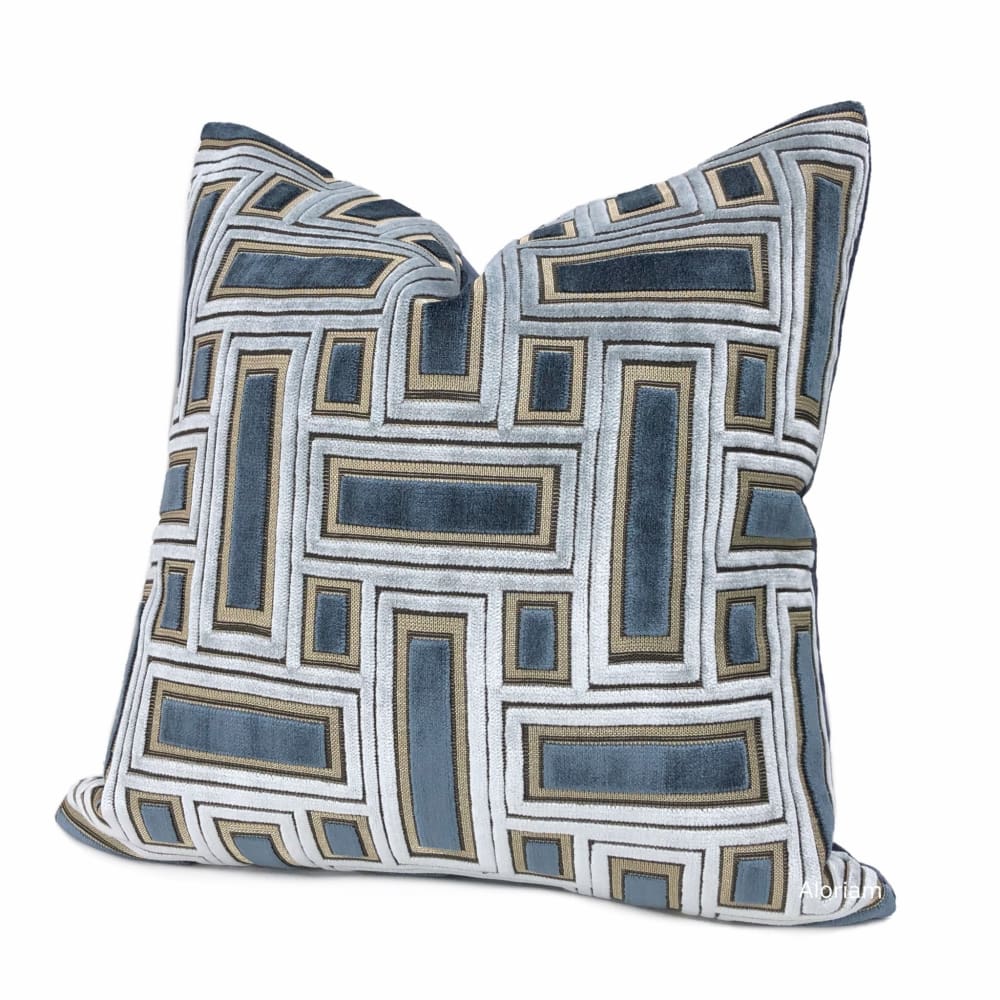 Magnus Blue & Silver Geometric Blocks Cut Velvet Pillow Cover - Decorative Throw Pillow for Sofa, Bed, Living Room & Home Decor