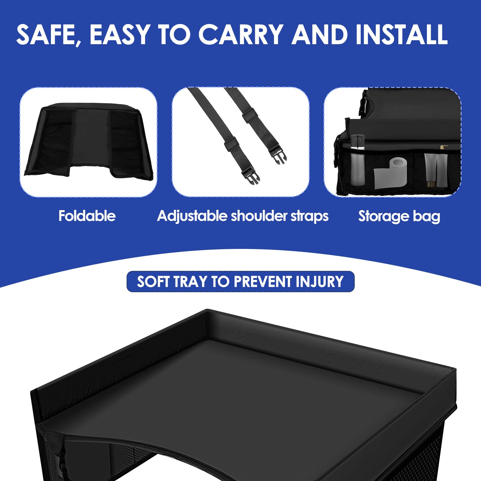 Portable Kids Travel Tray for Car Seat & Airplane - Adjustable Shoulder Strap with Storage Pocket - 15.7×12.6 Inch Toddler Lap Tray (Black) - Perfect for Road Trips, Flights & Meals On-The-Go