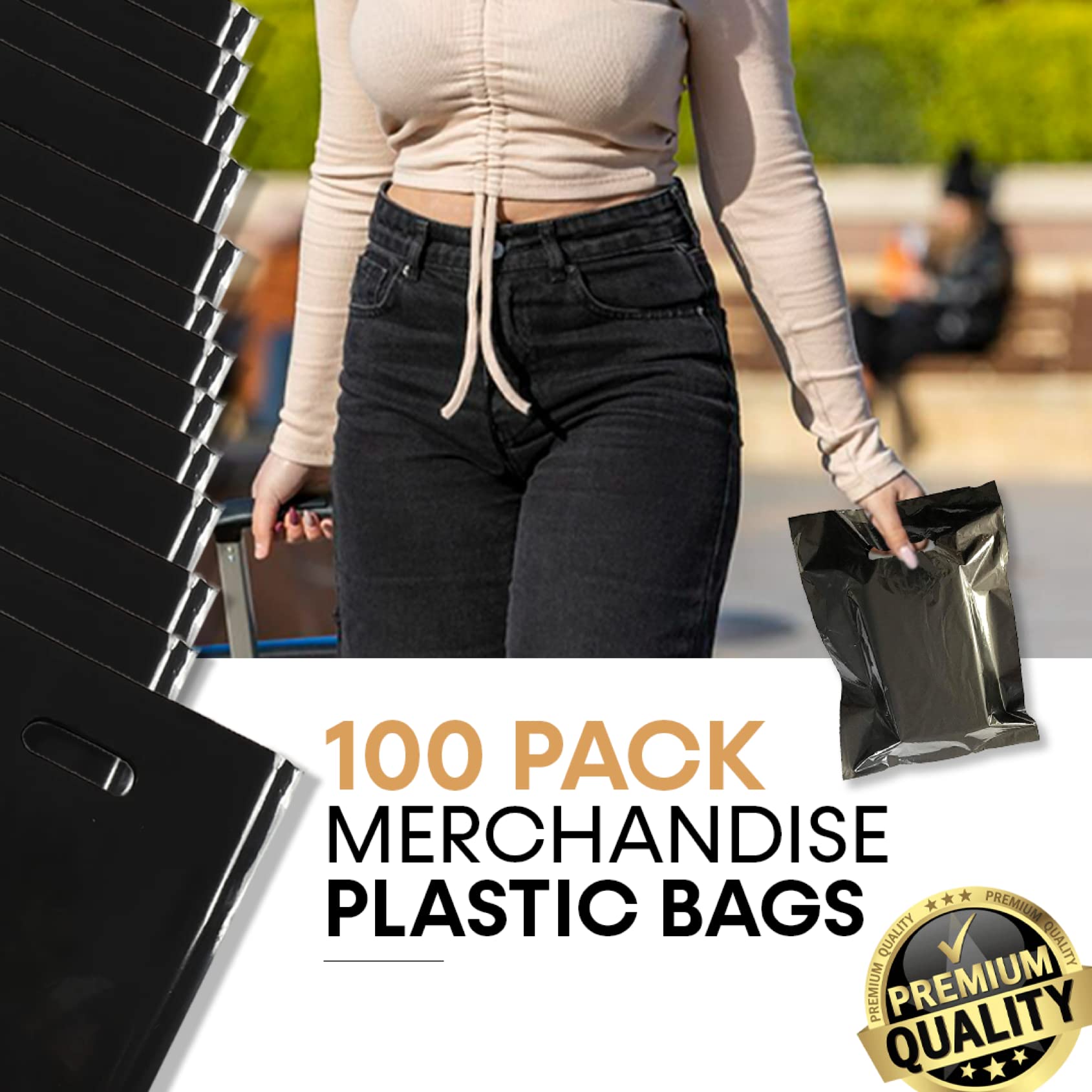 100 Pack 12x15 Inch Black Merchandise Bags with Die-Cut Handles - Strong, Durable & Tear-Resistant Shopping Bags for Retail Stores, Boutiques, Trade Shows & Gift Packaging - Perfect for Clothing, Jewelry & Event Giveaways