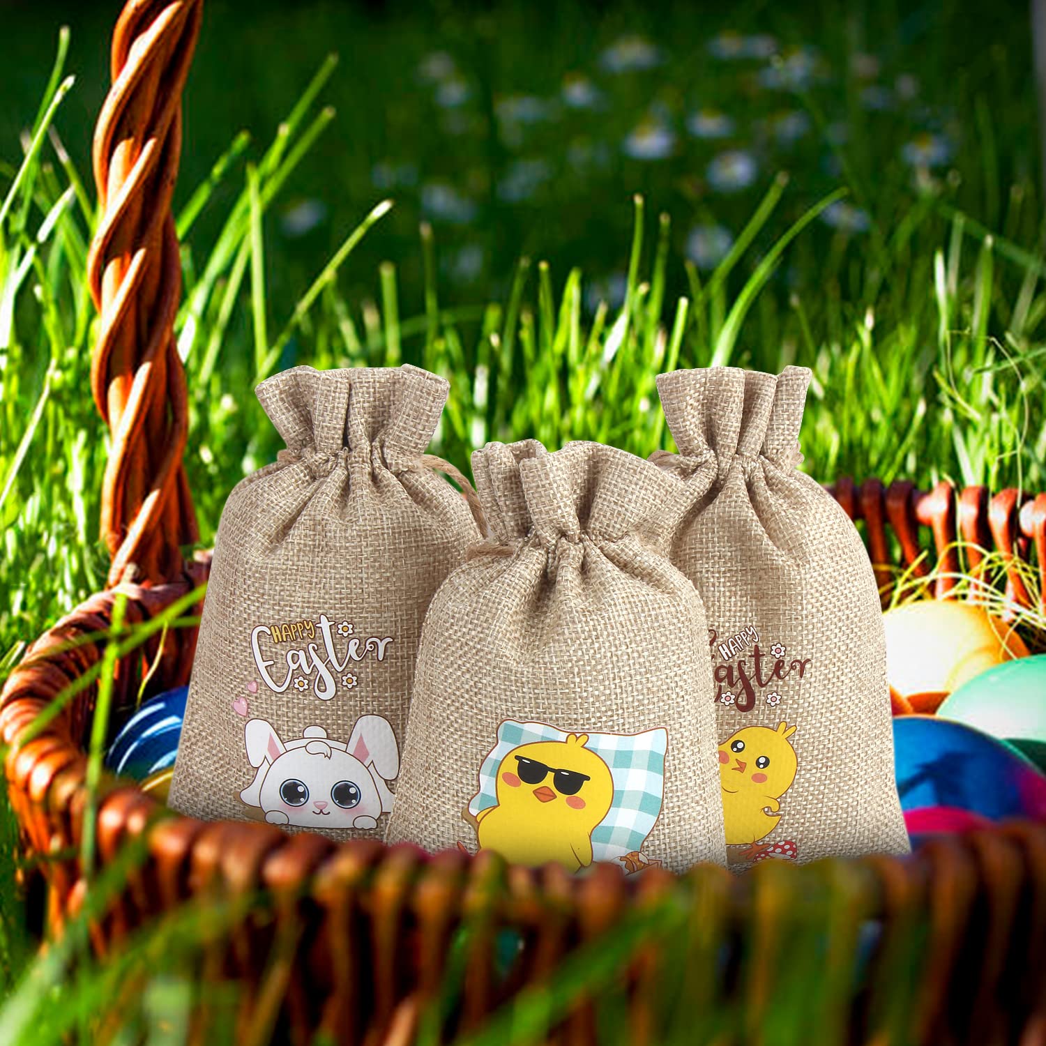24-Piece Easter Burlap Favor Bags with Drawstrings - Small Jute Gift Bags for Easter Party Favors, Egg Hunts & Spring Decorations