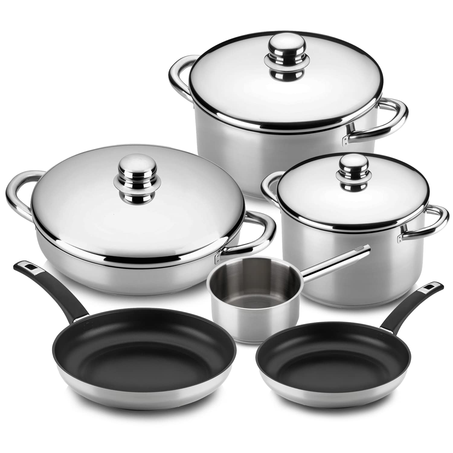 MAGEFESA 9-Piece Stainless Steel Cookware Set - Stockpot, Stewpot, Saucepan, Sauté Pan & Skillets - Induction Compatible & Dishwasher Safe Cookware for Gas, Electric & Ceramic Stovetops - Perfect for Family Cooking, Meal Prep & Entertaining