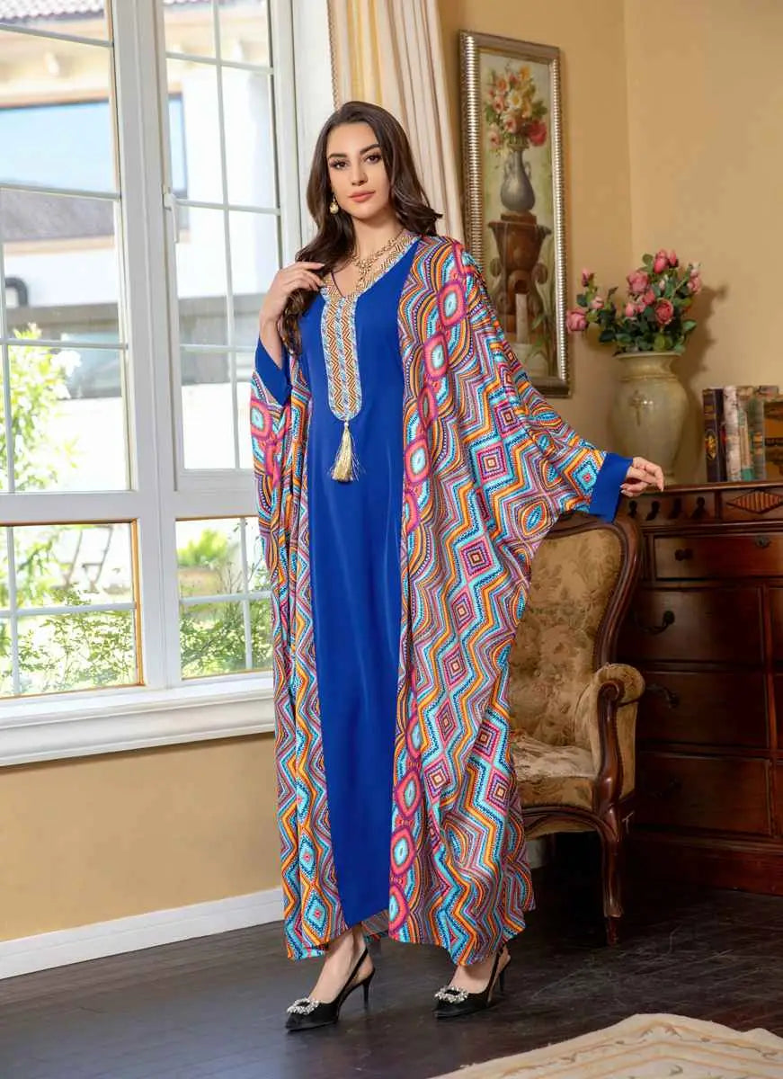 Elegant Eid Dress with Batwing Sleeves & Rhinestone Embellishments - Farasha Caftan Kaftan Jalabiya Dress for Women | Perfect for Eid Celebrations, Weddings & Special Occasions