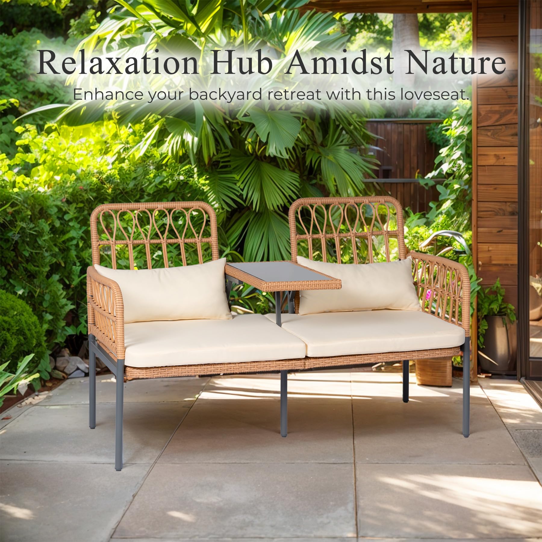 PROHIKER Outdoor Rattan Loveseat 2-Seat Sofa with Built-in Table, Lumbar Pillows & Cushions - All-Weather Wicker Patio Furniture for Porch, Balcony, Garden, Lawn, Backyard - Perfect for Relaxing, Entertaining & Outdoor Lounging