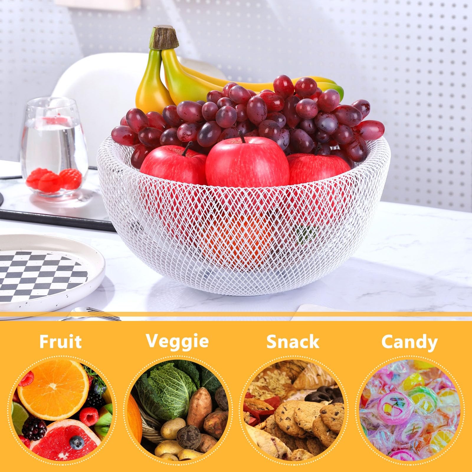 Premium White Metal Mesh Double-Layer Fruit Basket - Large Round Storage Basket for Bread, Vegetables & Snacks - Modern Kitchen Counter Decor for Dining Room & Pantry Organization