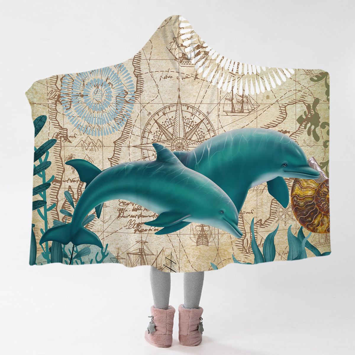 Soft & Warm Dolphin Love Hooded Blanket - Cozy Fleece Wearable Blanket for Adults & Kids - Perfect for Movie Nights, Camping & Relaxing at Home