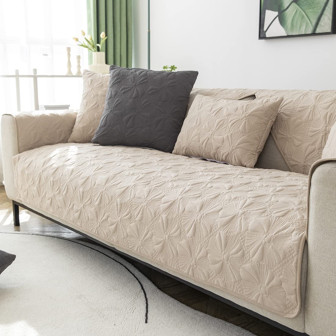 VCTOPS Quilted Cotton Sofa Cover for Sectional Couches - Non-Slip Pet-Friendly Slipcover for Leather L-Shaped Sofas, Recliners & Love Seats (Khaki, 28