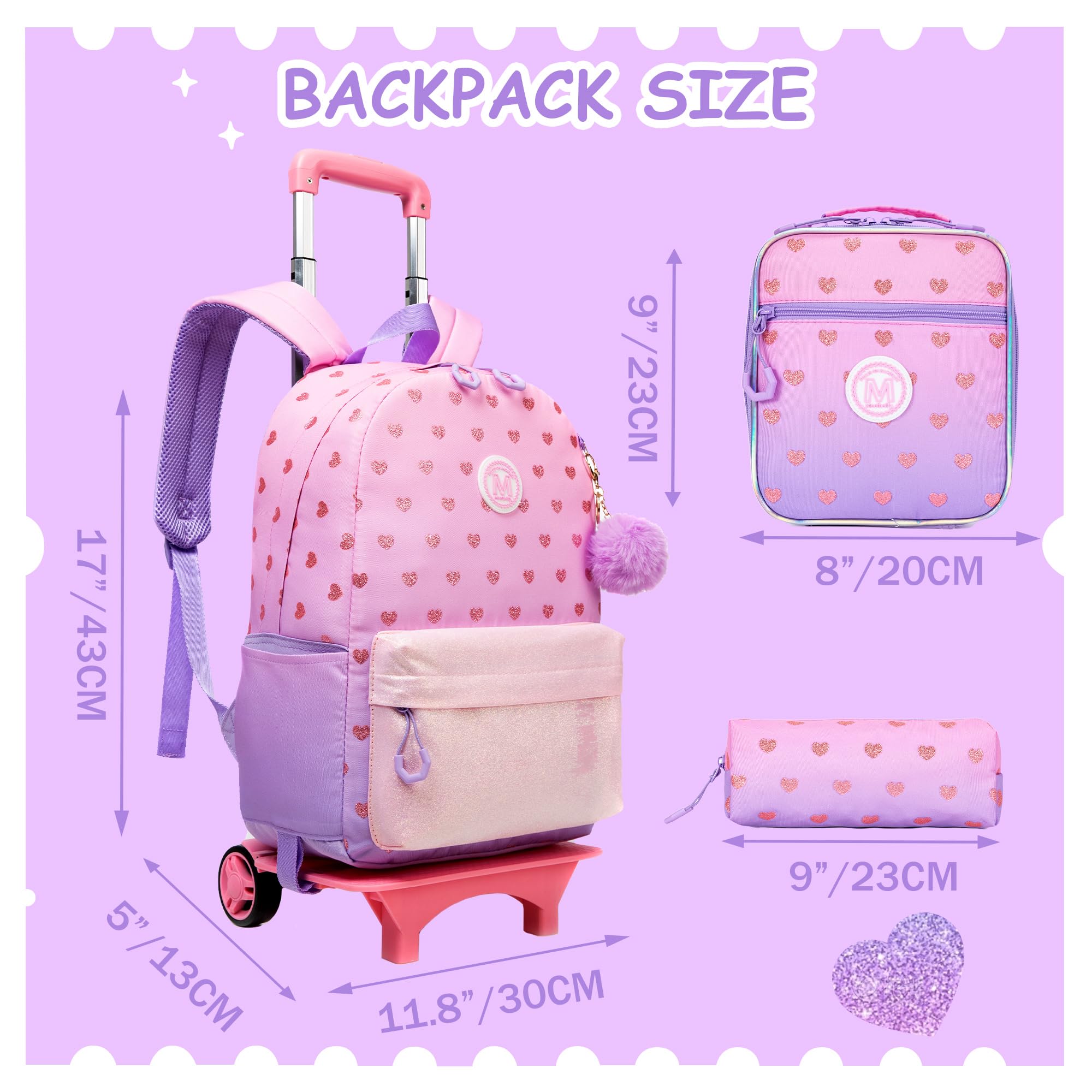 HTgroce 16 Inch Rolling Backpack for Kids - School Trolley Backpack with Lunch Bag & Storage Case | Durable Elementary School Backpack for Travel, Commuting & Daily Use