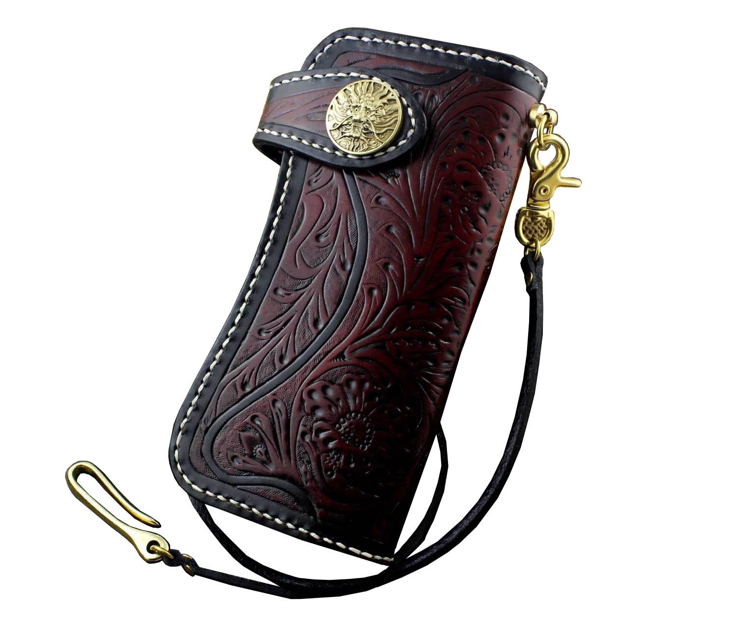 Vintage Dragon Biker Leather Wallet with Tooled Carving & Long Chain - Gothic Tattoo Design Bifold Purse for Men & Women | Perfect for Motorcycle Riders, Bikers, and Fashion Enthusiasts