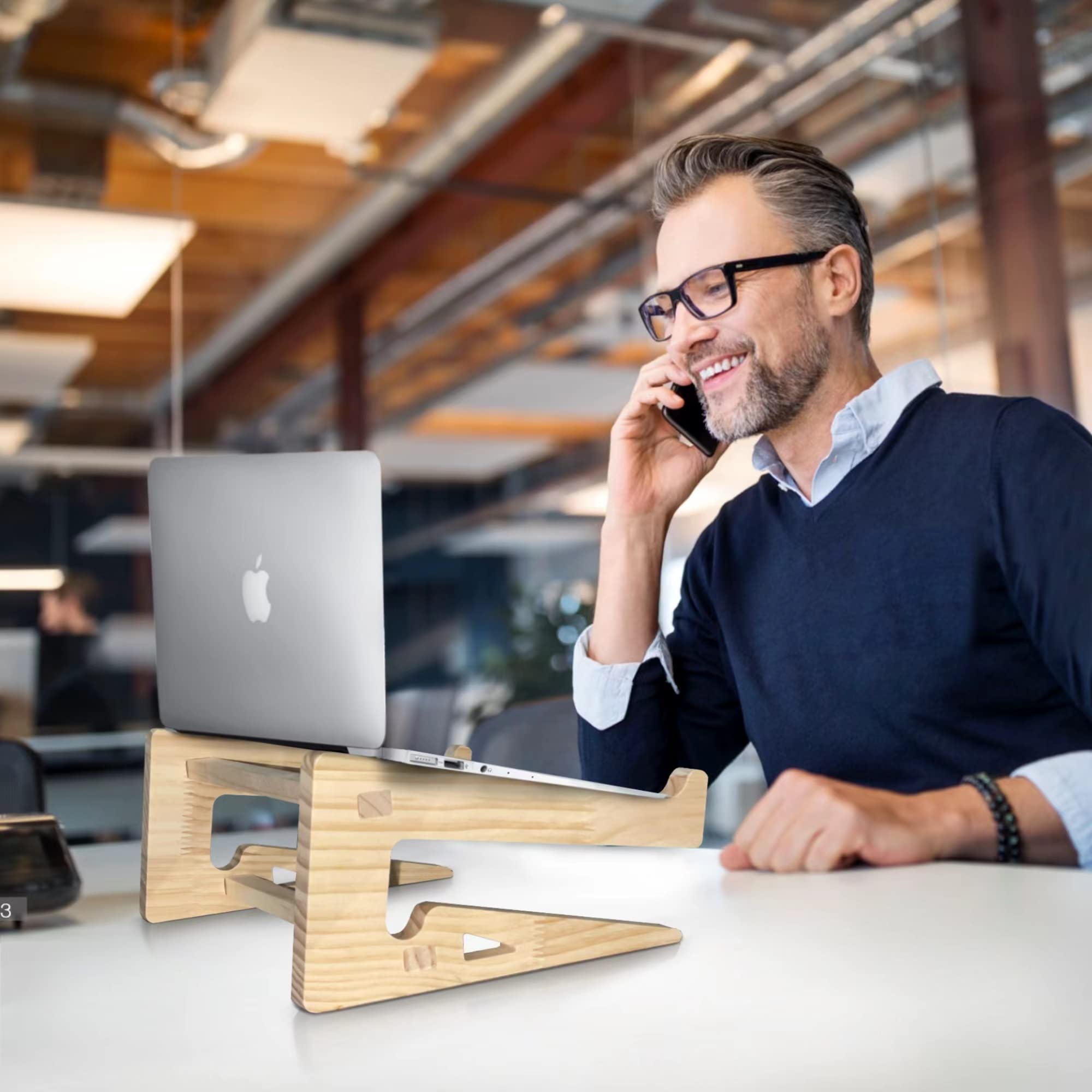 Ergonomic Wooden Laptop Stand - Adjustable Vertical Notebook Holder for MacBook, Dell, HP, Chromebook & More - Perfect for Home Office, Workspace & Bed Use