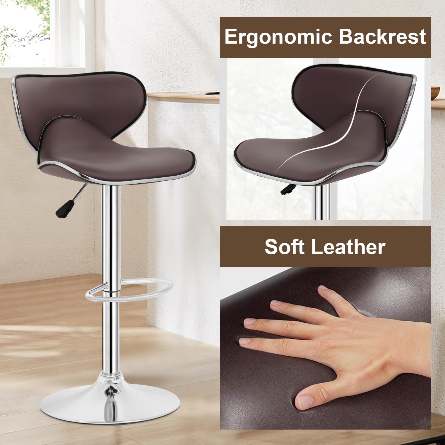 Best Adjustable Bar Stools Set of 2 - PU Leather Swivel Counter Height Bar Stools with Back Support - Perfect for Kitchen Island, Home Bar, Dining Room & Breakfast Nook
