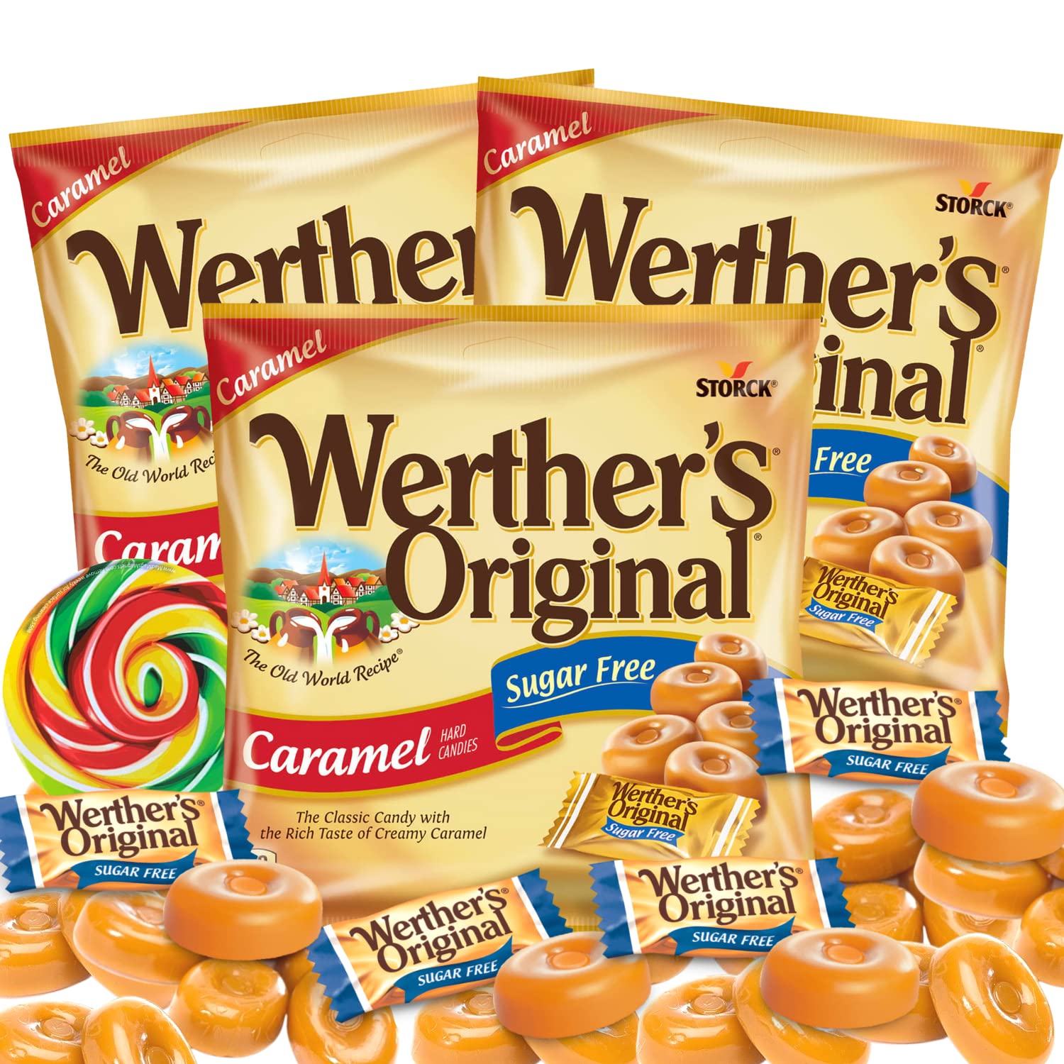 Werther's Original Sugar Free Caramel Hard Candies - Individually Wrapped, Low Calorie Snacks for Adults & Diabetics - Perfect for Office Treats, Gift Baskets & Travel - 3 Pack (1.46 oz)