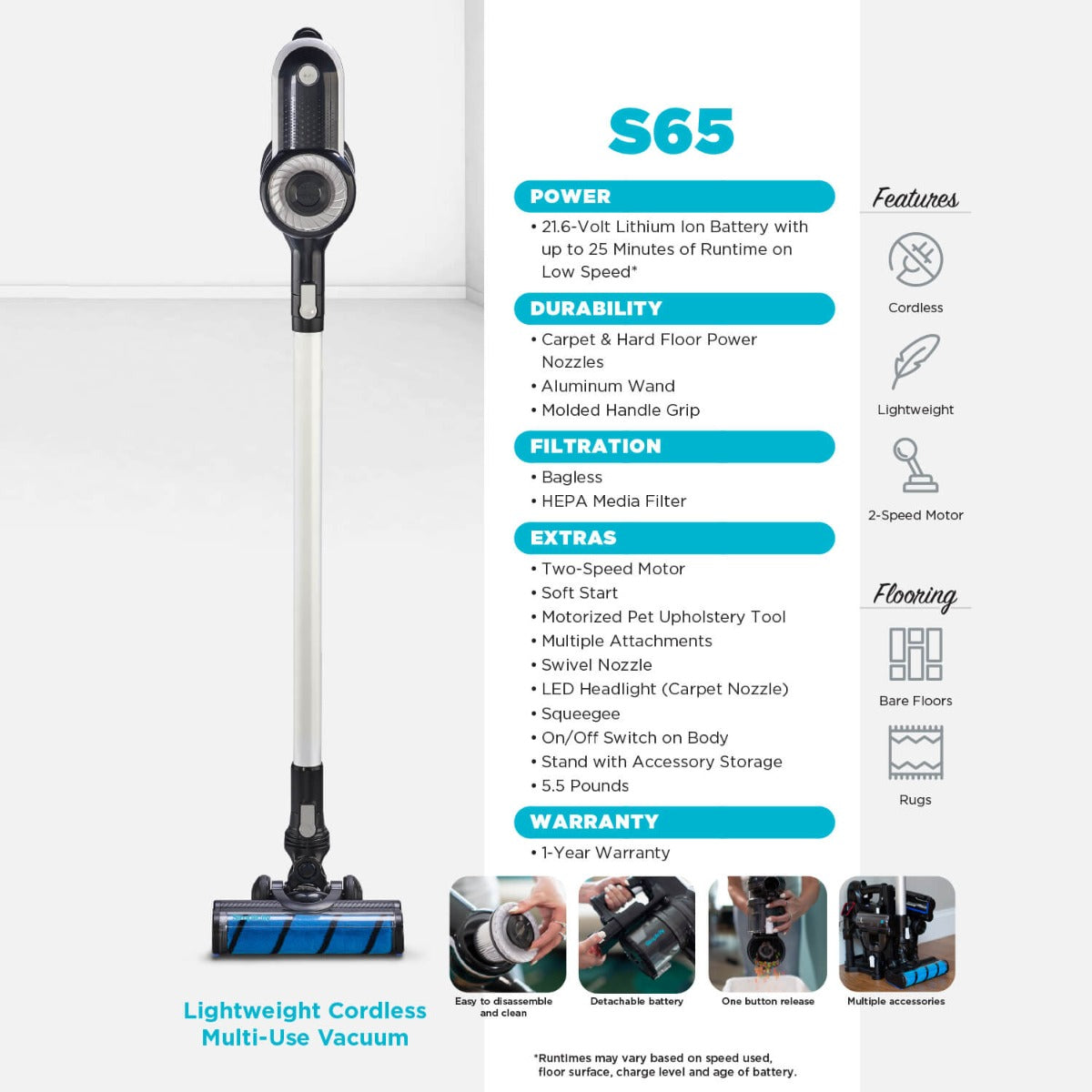 Simplicity S65D Deluxe Cordless Stick Vacuum Cleaner - Lightweight Multi-Surface Cleaning for Hardwood Floors, Carpets & Pet Hair | Perfect for Home, Office & Car Use