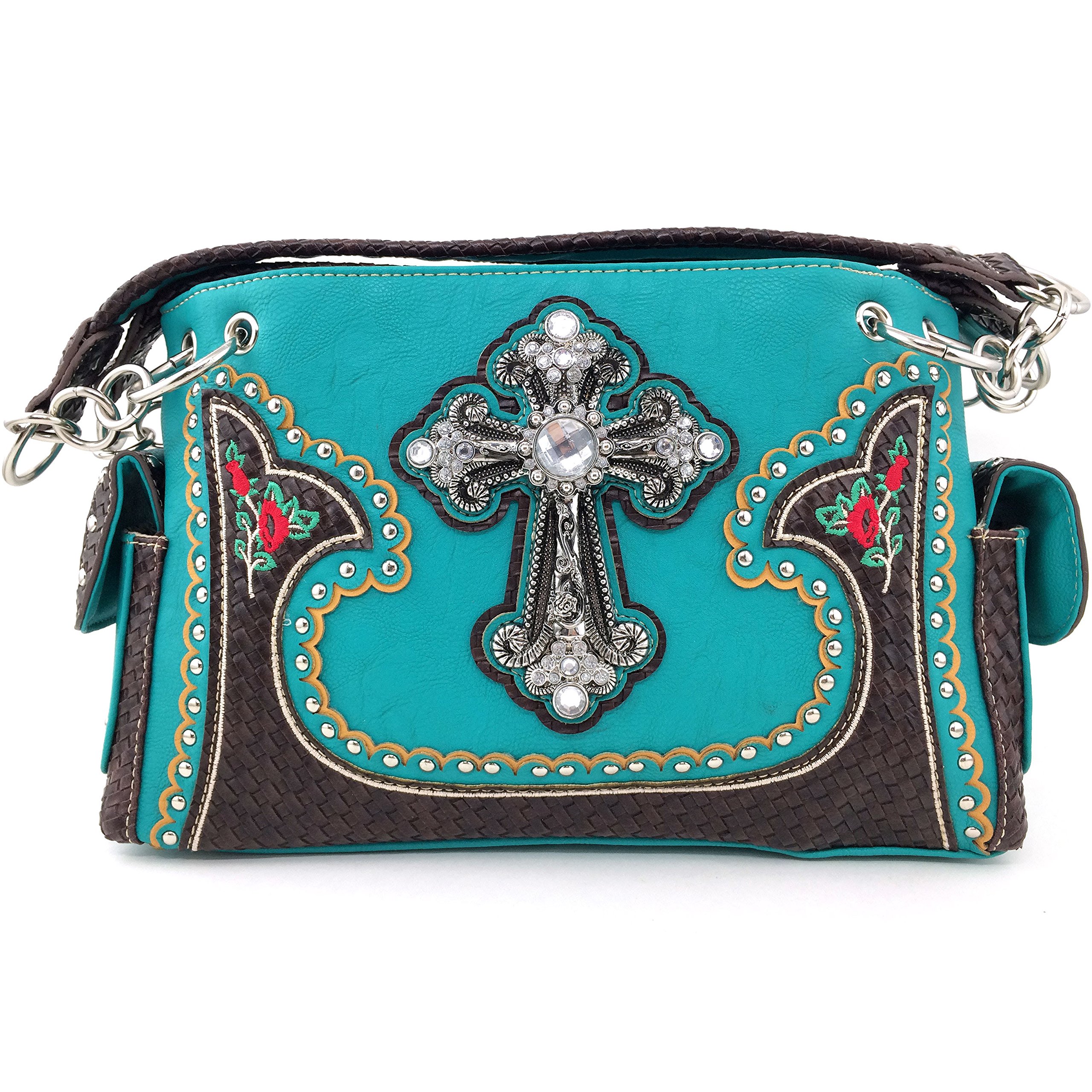 Justin West Turquoise Cross Flowers Leather Woven Concealed Carry Handbag Purse - Stylish & Secure for Everyday Use, Travel, and Special Occasions