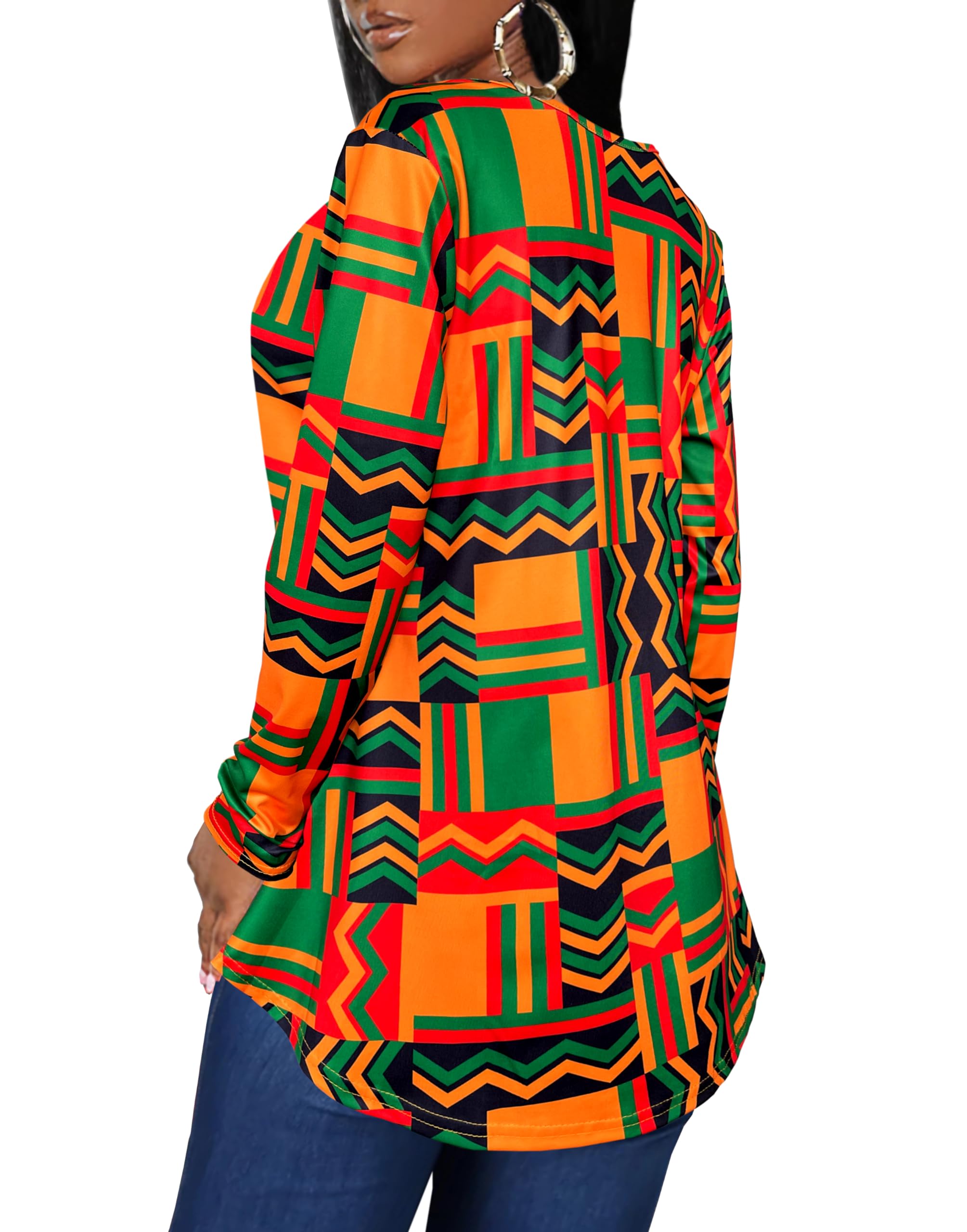 Afibi Women's Long Sleeve Henley T-Shirt - Button Down Loose Fit Blouse with Scoop Neck - African Dashiki Print Top for Casual Wear, Boho Style & Cultural Events