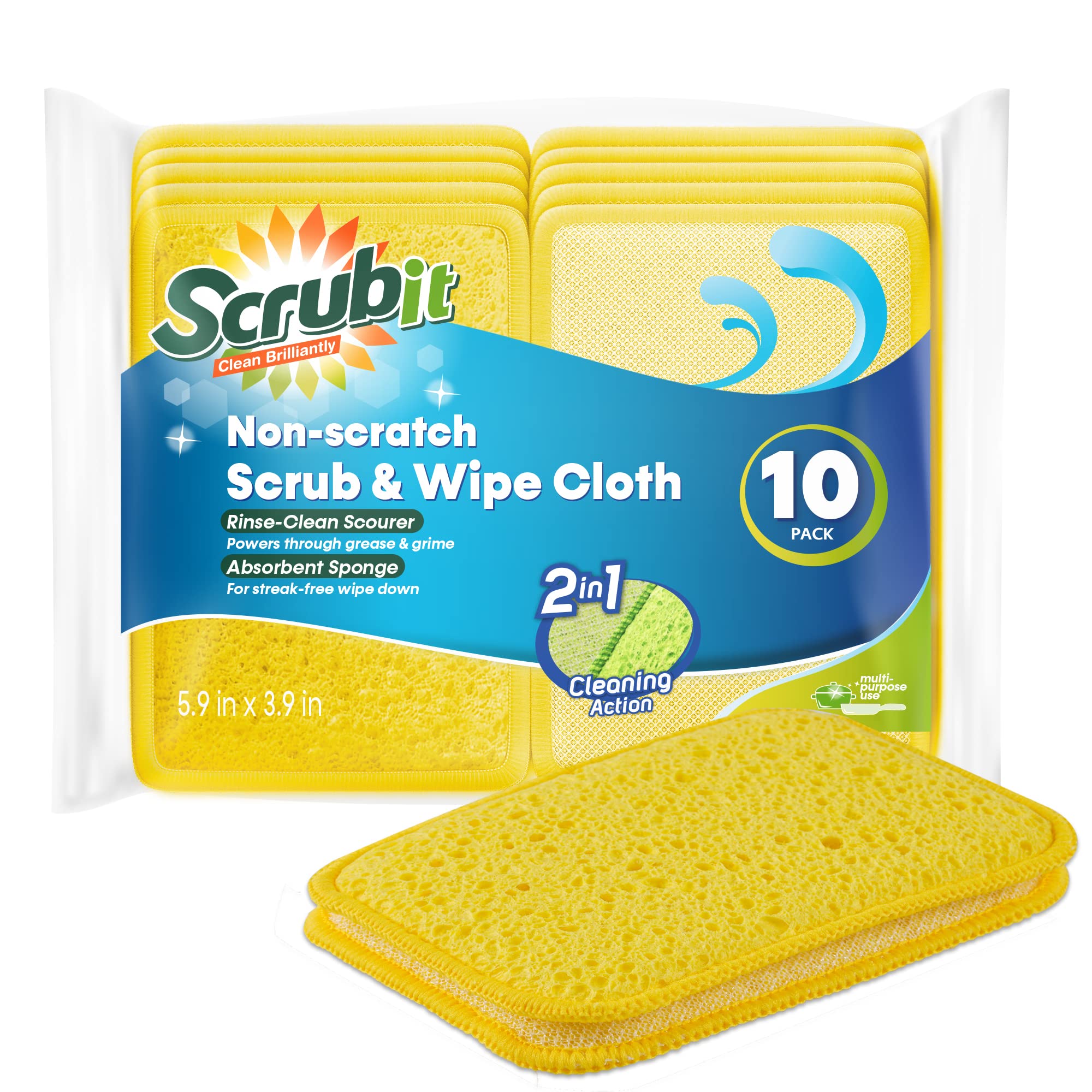 SCRUBIT Dual-Sided Scrub Sponge [10 Pack] - Reusable Kitchen Cleaning Pads for Dishes & Cookware - Perfect for Pots, Pans & Non-Stick Surfaces