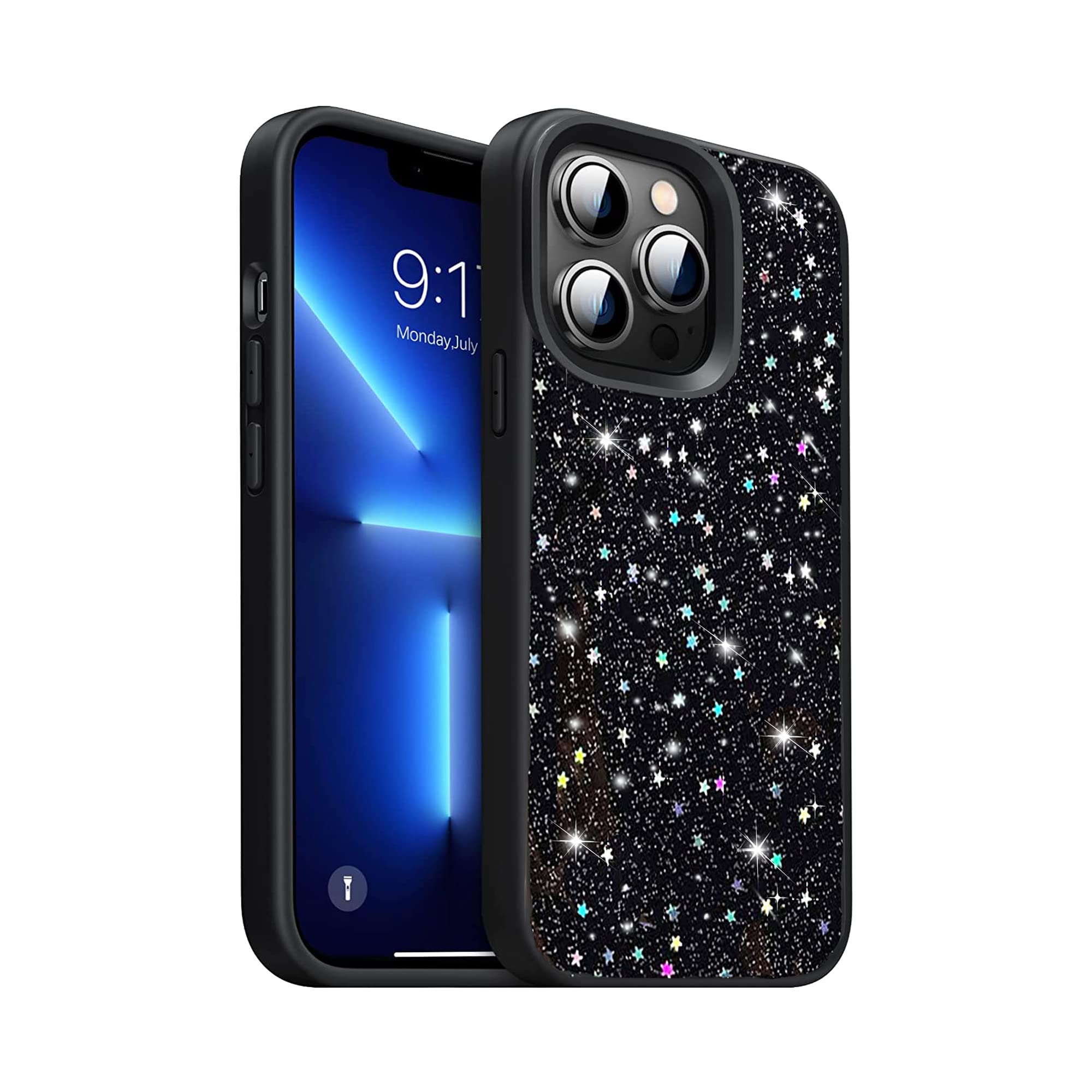 iPhone 14 Floral Case - Soft Clear Flexible TPU Phone Cover with Pressed Real Flowers & Glitter Accents | Compatible with iPhone 14 | Perfect Gift for Women & Girls | Everyday Protection & Stylish Design (Black)