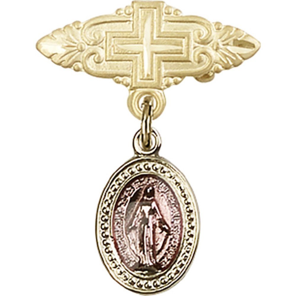 Gold Filled Baby Badge with Pink Miraculous Charm & Cross Pin - 1 X 3/4 Inch - Perfect for Christening Gifts, Baby Showers & Religious Keepsakes