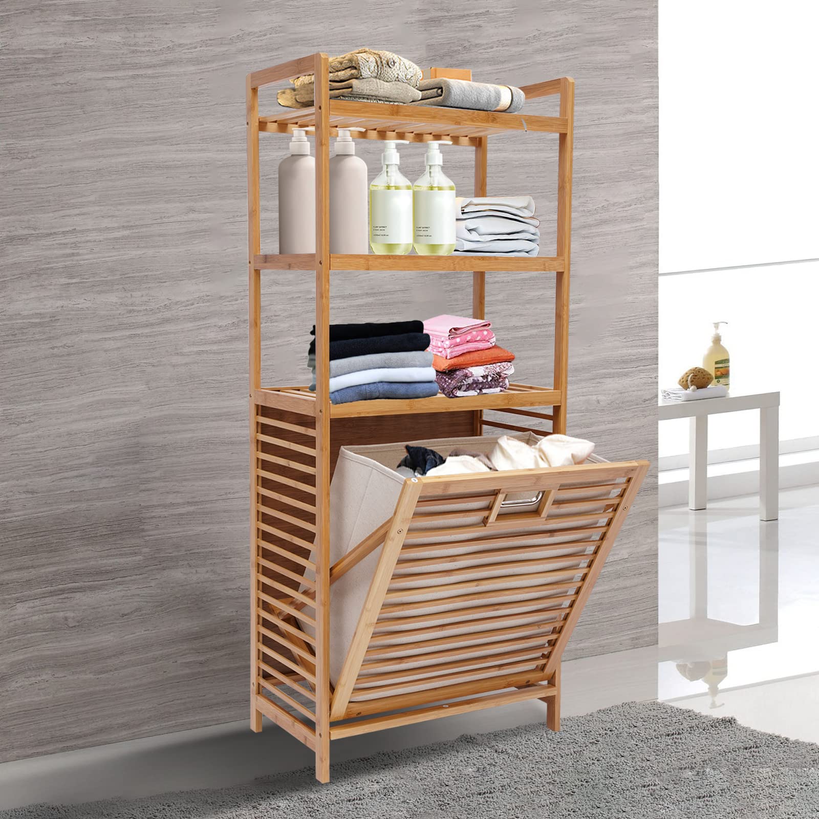 4-Tier Bamboo Laundry Hamper Organizer - Freestanding Clothes Storage Shelf Rack for Bathroom, Bedroom & Nursery - Perfect for Sorting Dirty Laundry, Storing Towels & Organizing Small Spaces