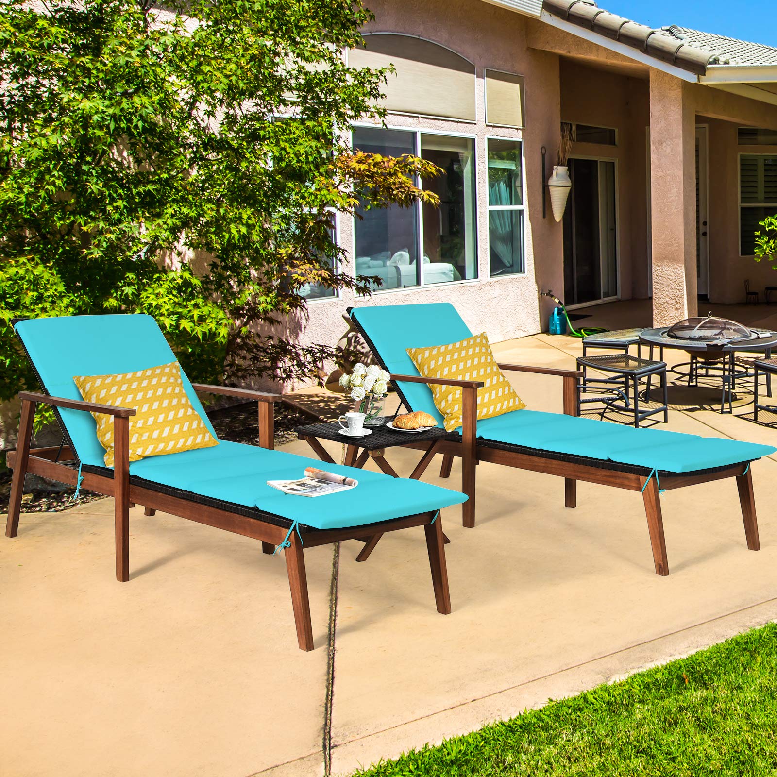 **Acacia Wood Chaise Lounge Set with Folding Coffee Table & Removable Cushions - 4 Adjustable Positions, Rattan Reclining Chair for Poolside, Garden, Beach, Patio - Turquoise Outdoor Furniture for Relaxation & Sunbathing**