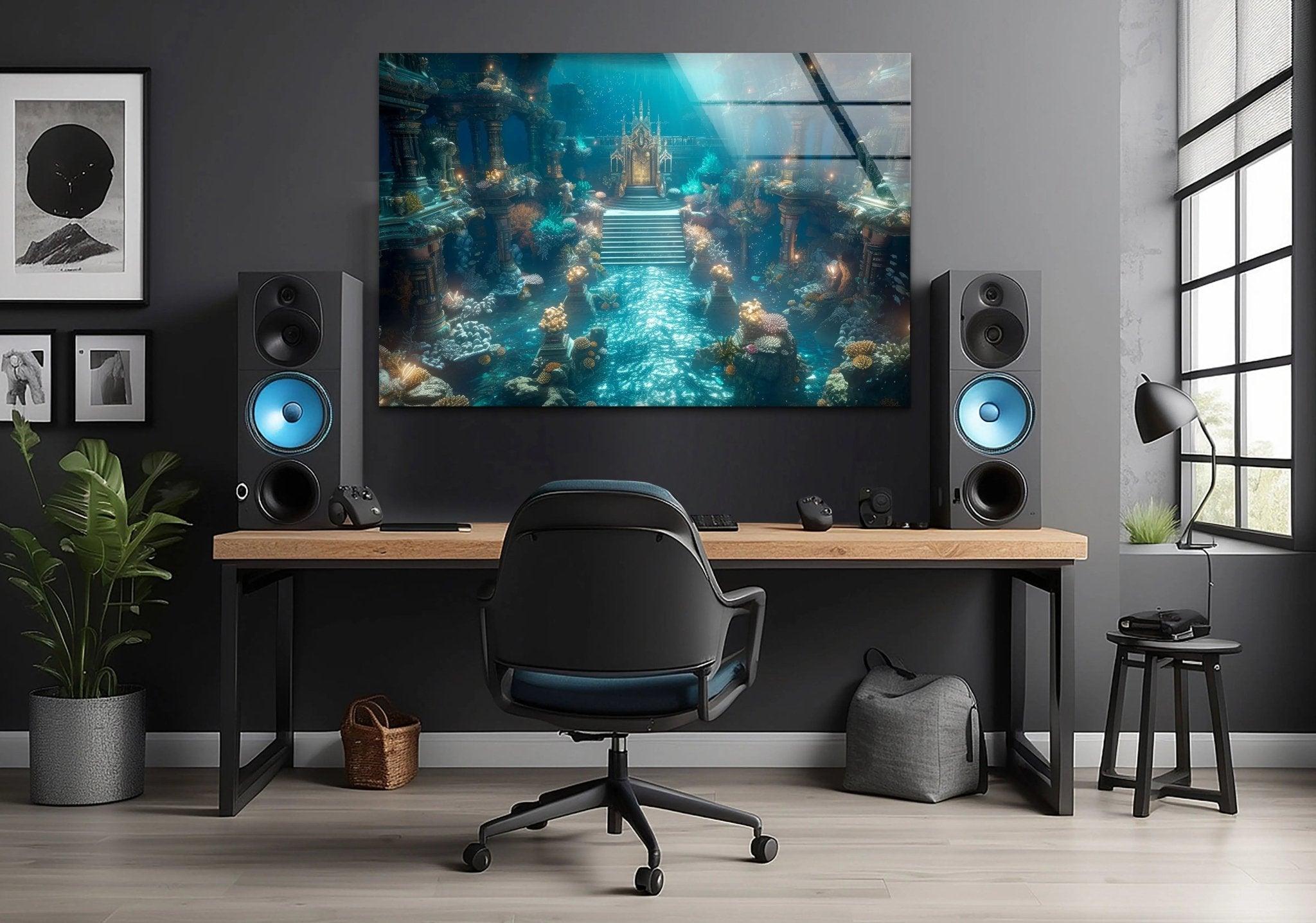 Atlantis Place Glass Wall Art - Stunning Ocean-Themed Decor for Living Room, Bedroom & Office | Handmade Glass Mural for Home & Office Decor