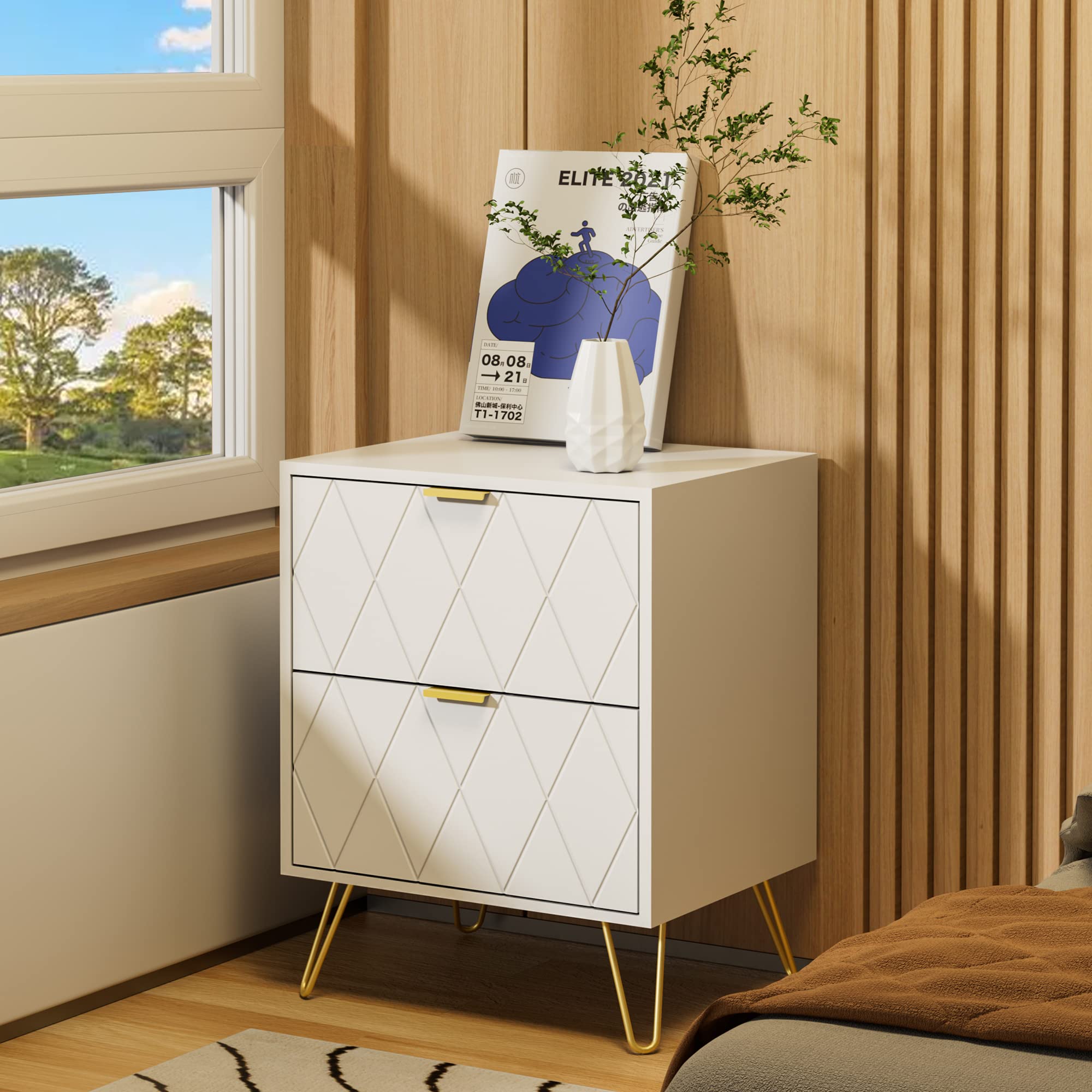 Anbuy White Nightstand Set of 2 - Modern End Tables with 2 Drawers & Gold Metal Legs for Bedroom, Living Room - Perfect for Storing Books, Lamps & Bedside Essentials