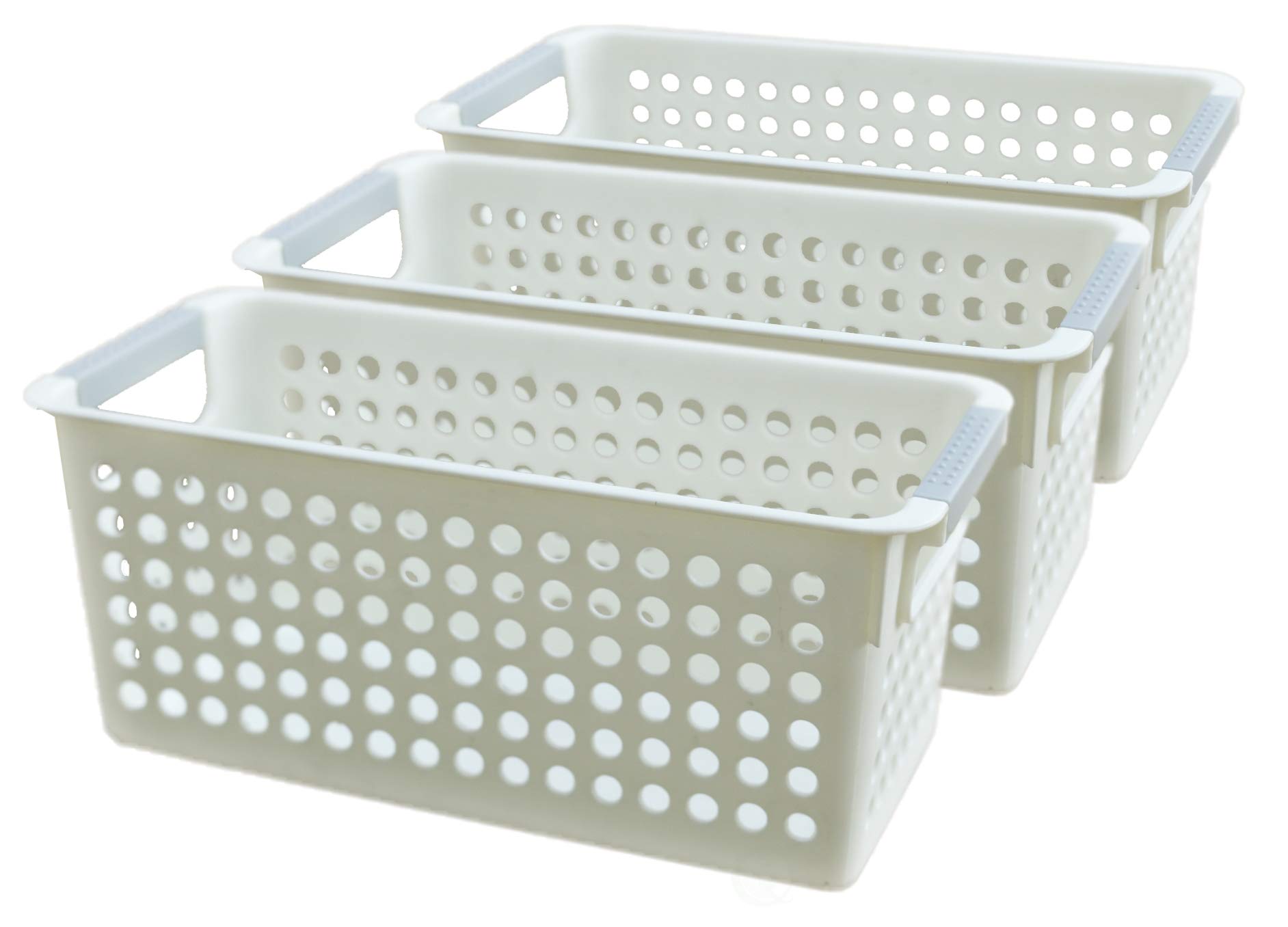 Basicwise White Rectangular Plastic Shelf Organizer Basket with Handles (Set of 3) - Stackable Storage Bins for Pantry, Bathroom, Office & Closet Organization - Durable Home & Kitchen Storage Solutions (QI003238.3)