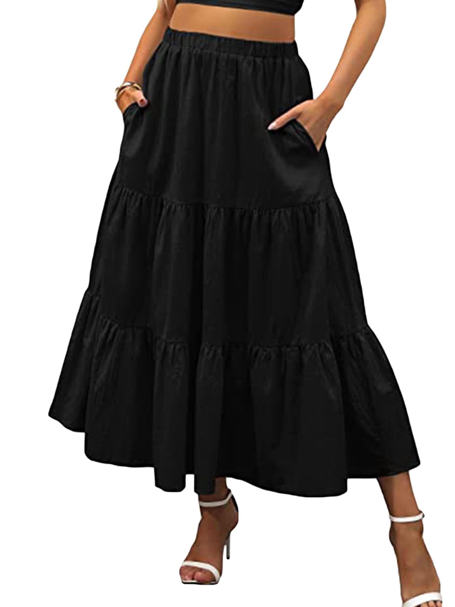 Boho Floral Maxi Dress for Women - Elastic High Waist, Pleated A-Line Swing Skirt with Pockets | Summer Beach Dress, Casual Outfit, Vacation Wear, Festival Fashion