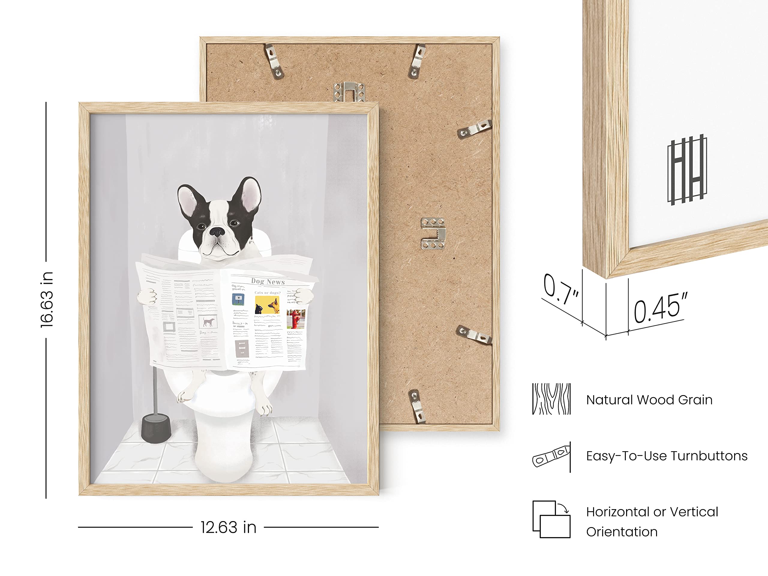 Funny Dog Bathroom Wall Art - French Bulldog Poster with Beige Frame (12x16) | Humorous Bathroom Decor for Pet Lovers, Perfect for Powder Rooms & Dog-Themed Home Decor