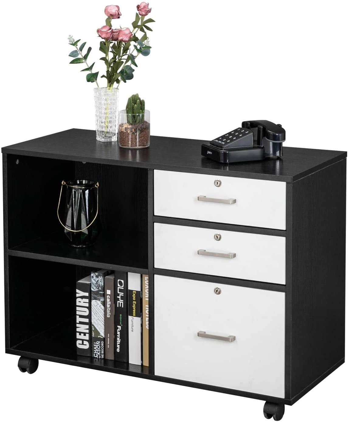 HomVent 3-Drawer Metal File Cabinet with Lock - Secure Storage Organizer for Home Office, Bedroom & Living Room - Perfect for Documents, Books & Office Supplies (Black)