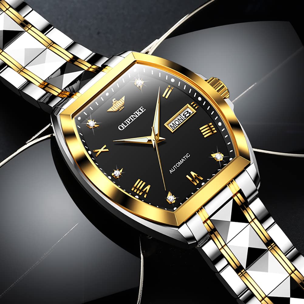 OUPINKE Luxury Automatic Men's Watch - Self Winding Mechanical Tonneau Diamond Business Dress Wristwatch with Sapphire Crystal, Tungsten Steel Case, Waterproof & Luminous | Perfect for Formal Events, Business Meetings & Everyday Wear