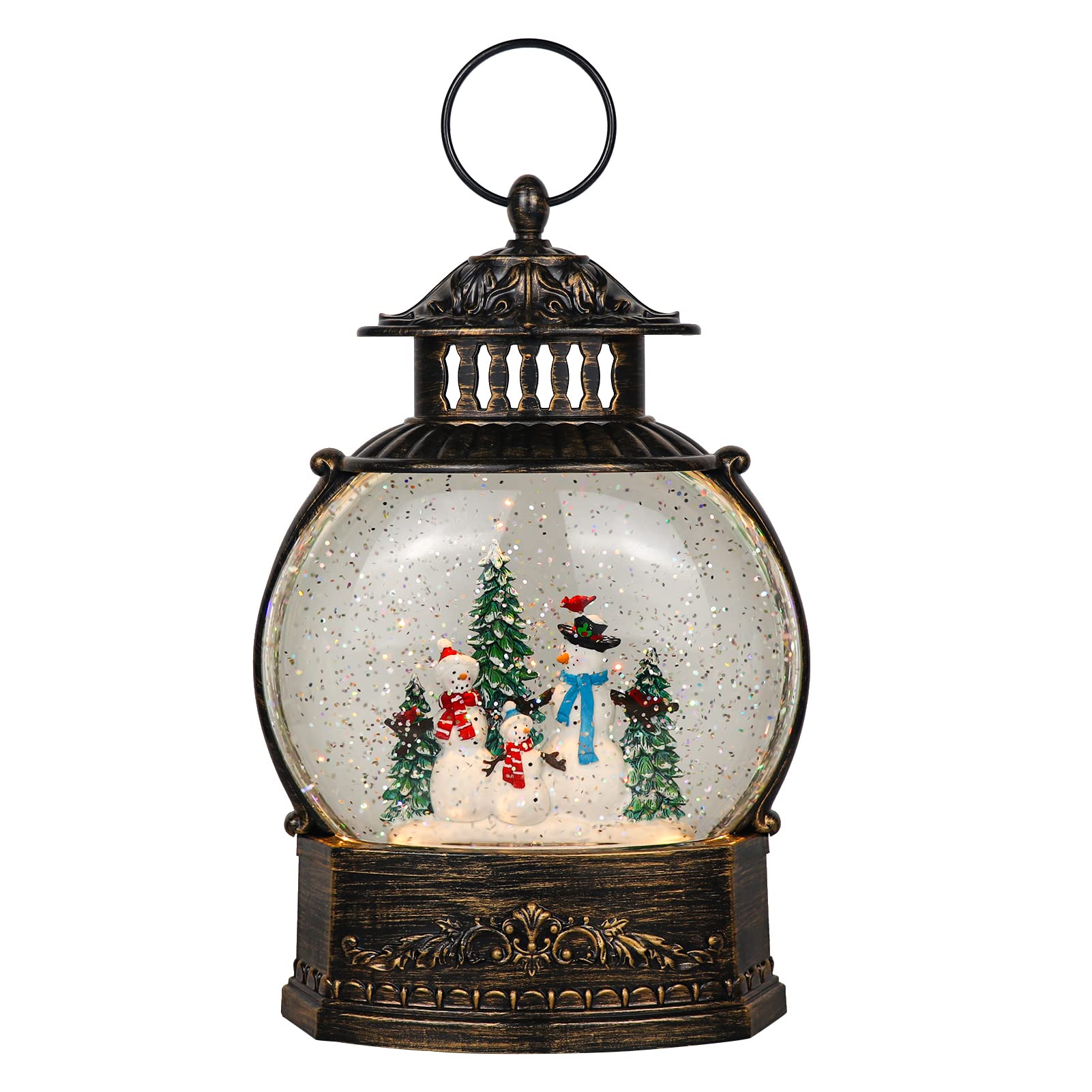 11.2 Inch USB/Battery Powered Rotating Snow Globe Lantern with Timer - Christmas Snowman Decor with Water Glitter & Music - Perfect for Holiday Home Decor, Gift Giving & Winter Tabletop Displays