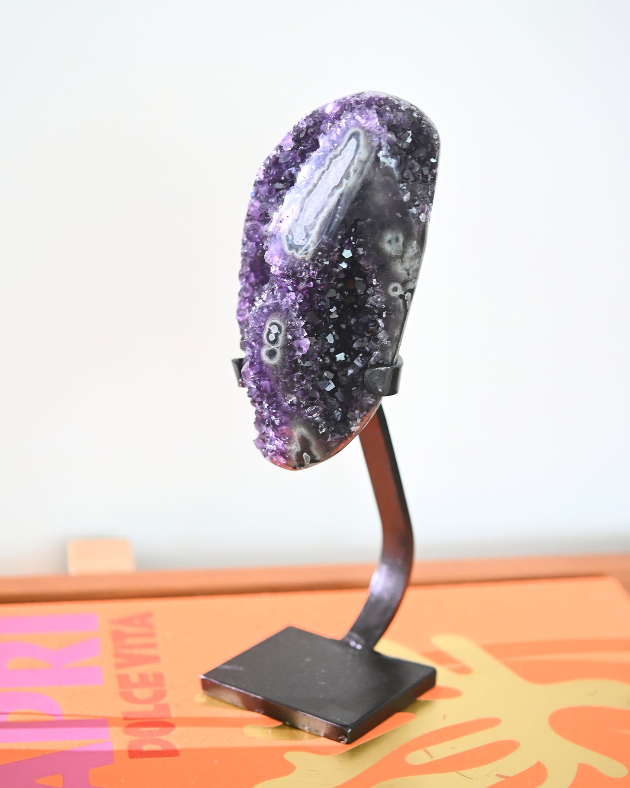 Natural Amethyst Crystal Geode on Wooden Stand - 3lbs Healing Stone for Home Decor, Meditation & Spiritual Gifts