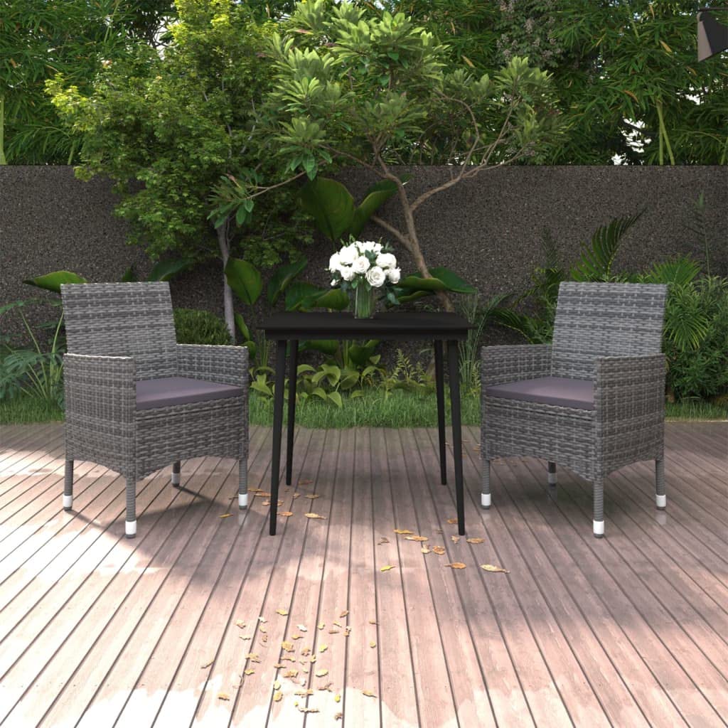 vidaXL 3-Piece Outdoor Patio Dining Set - Weather-Resistant Poly Rattan Furniture with Glass Table & Cushions - Perfect for Garden, Backyard, Poolside or Balcony Dining
