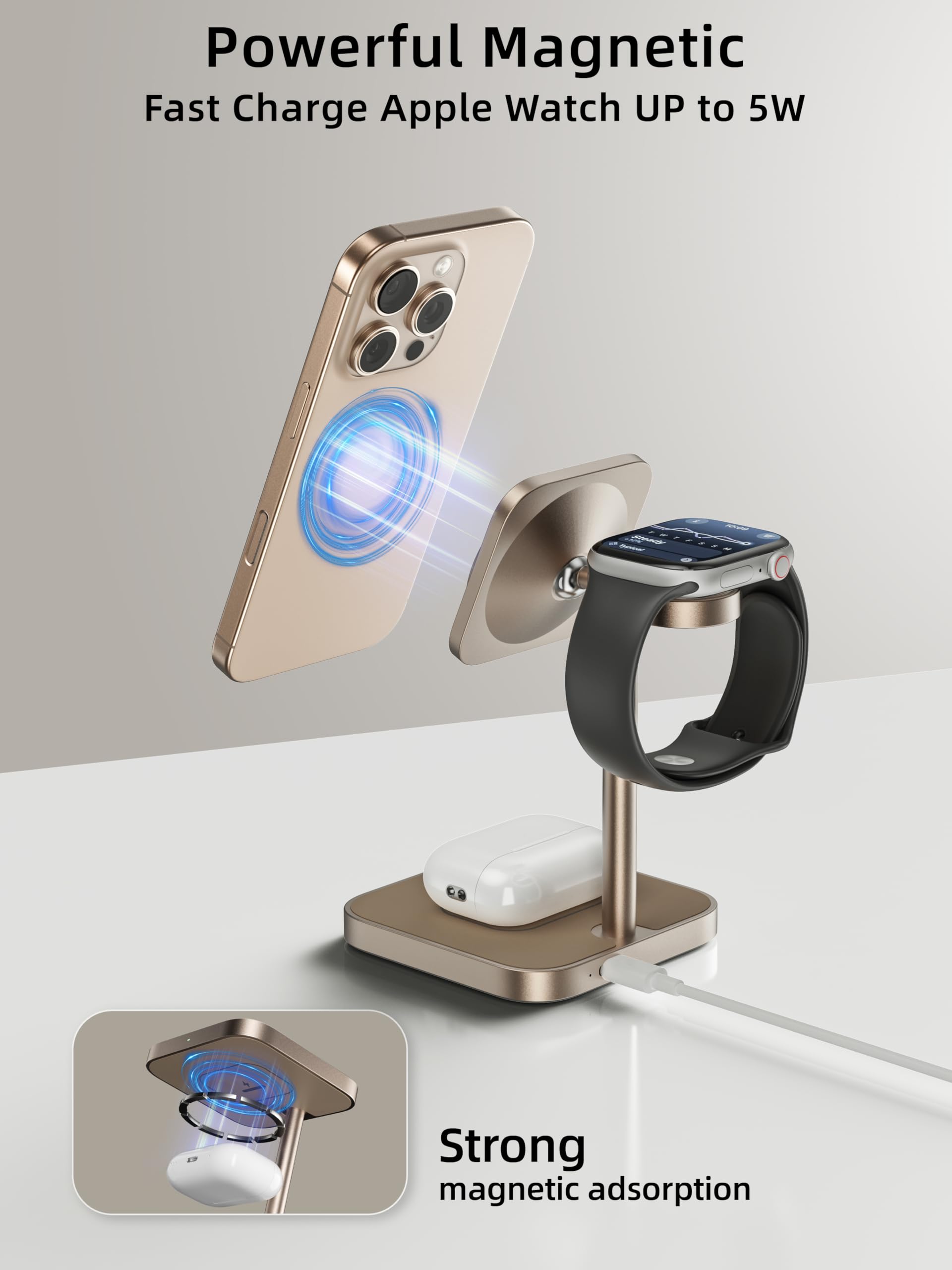 LULULOOK Qi2 Certified 3-in-1 Wireless Charging Station | 15W Fast MagSafe Charger for iPhone 15/14/13 | Compatible with Apple Watch & AirPods | Aluminum Stand with 30W USB-C Adapter (Desert Gold) | Perfect for Home, Office & Nightstand Charging