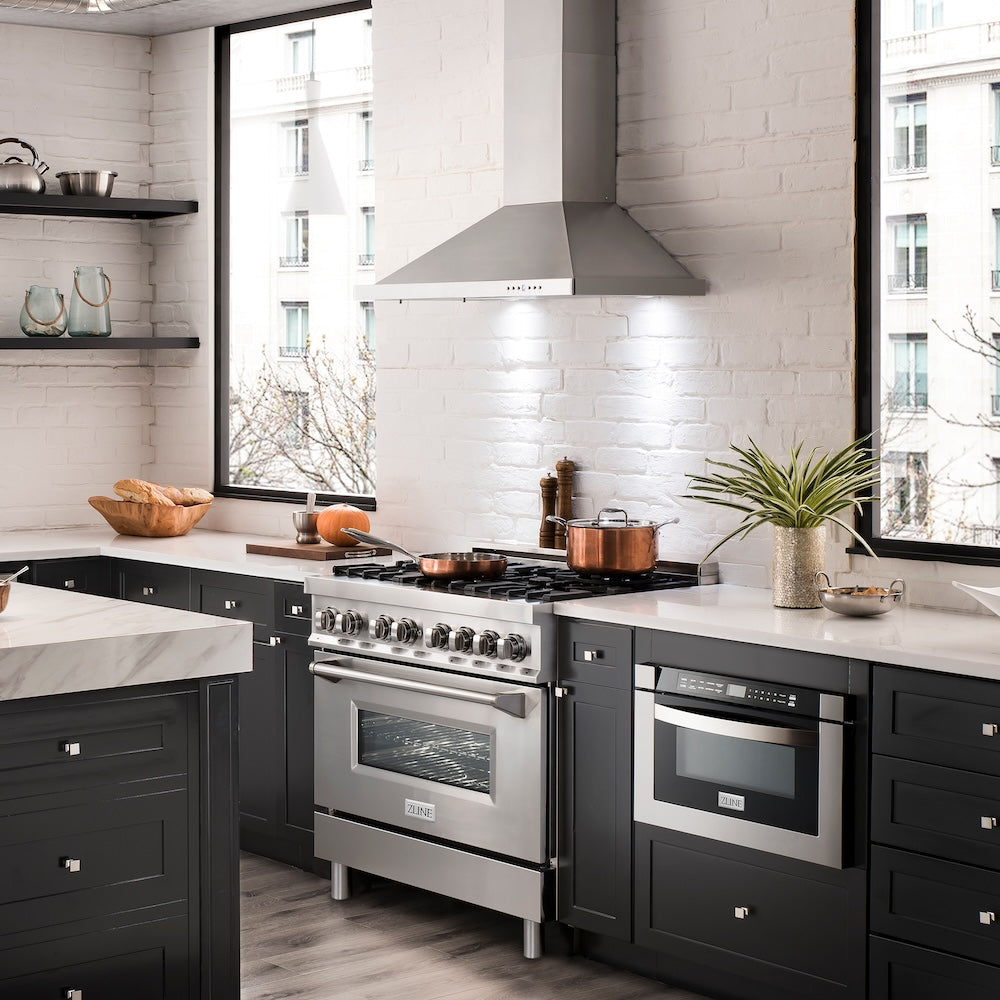 ZLINE 36 Inch Professional Kitchen Package - Stainless Steel Gas Range, Range Hood, Microwave Drawer, Tall Tub Dishwasher & Wine Cooler (5KP SGRRH36 MWDWV RWV) - Perfect for Gourmet Cooking & Entertaining in Modern Homes