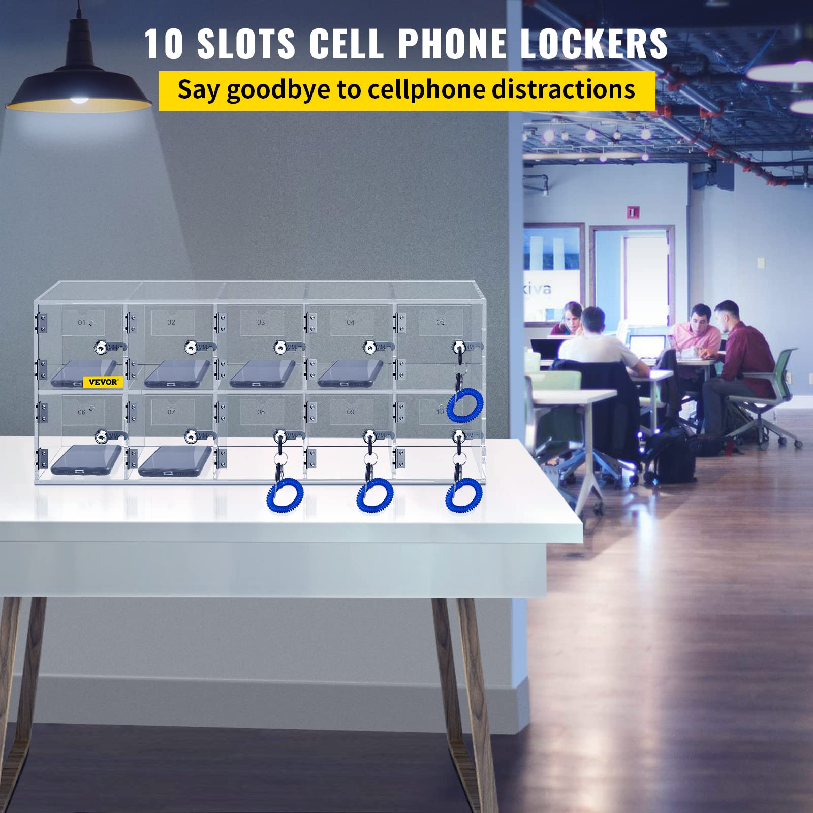 VEVOR 10-Slot Acrylic Cell Phone Storage Locker with Lock & Keys - Wall Mounted Clear Cabinet for Office, Classroom, Gym, Retail & Public Spaces - Secure Phone Organizer for Schools, Workplaces & Fitness Centers
