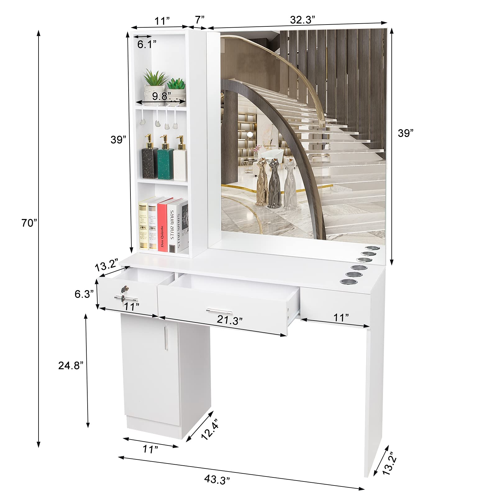 OmySalon Professional Barber Station with Wall Mount Mirror - Hair Stylist Salon Equipment with 3 Hair Dryer Holders, Open Shelves, 2 Drawers & Storage Cabinet - White | Perfect for Salon, Barbershop & Home Beauty Setup