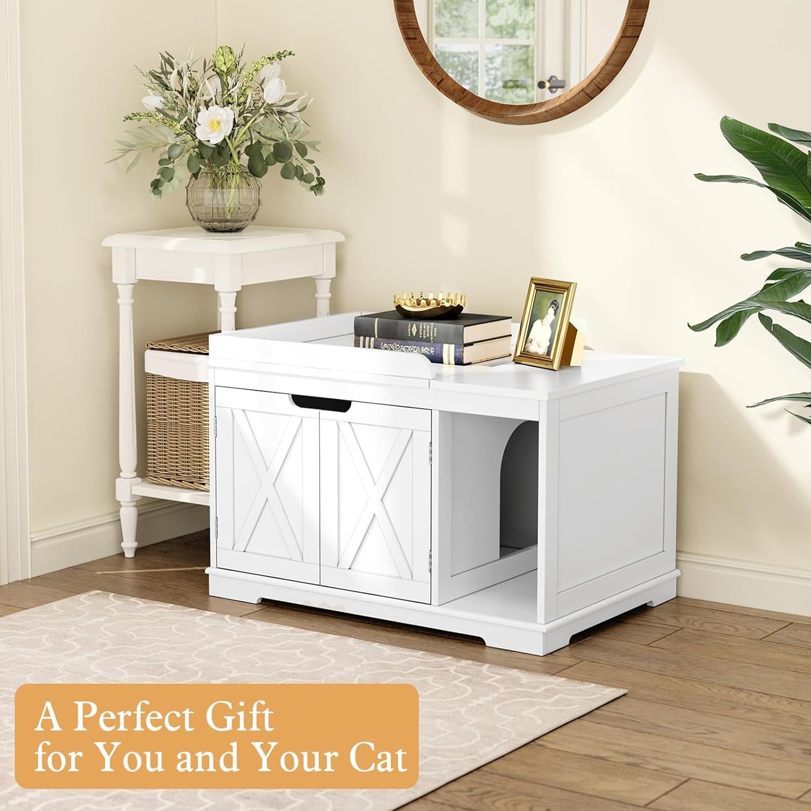 Flip Top Covered Cat Litter Box Enclosure - Hidden Wooden Furniture Style Cat Washroom Cabinet for Medium & Large Cats - White | Perfect for Home, Apartment & Pet-Friendly Spaces