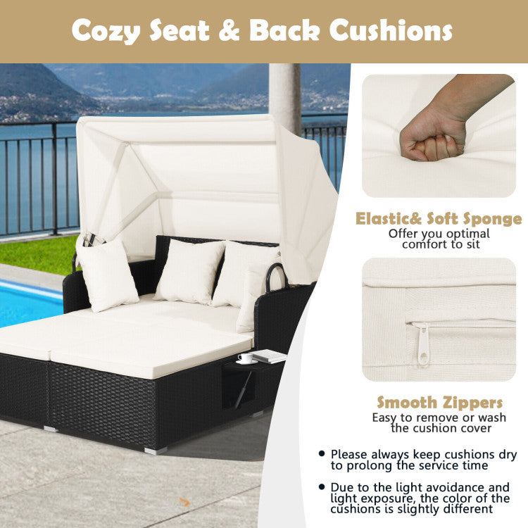 Costway Outdoor Patio Rattan Daybed with Retractable Canopy & Side Tables - Black - Perfect for Poolside Lounging, Garden Relaxation & Backyard Sunbathing