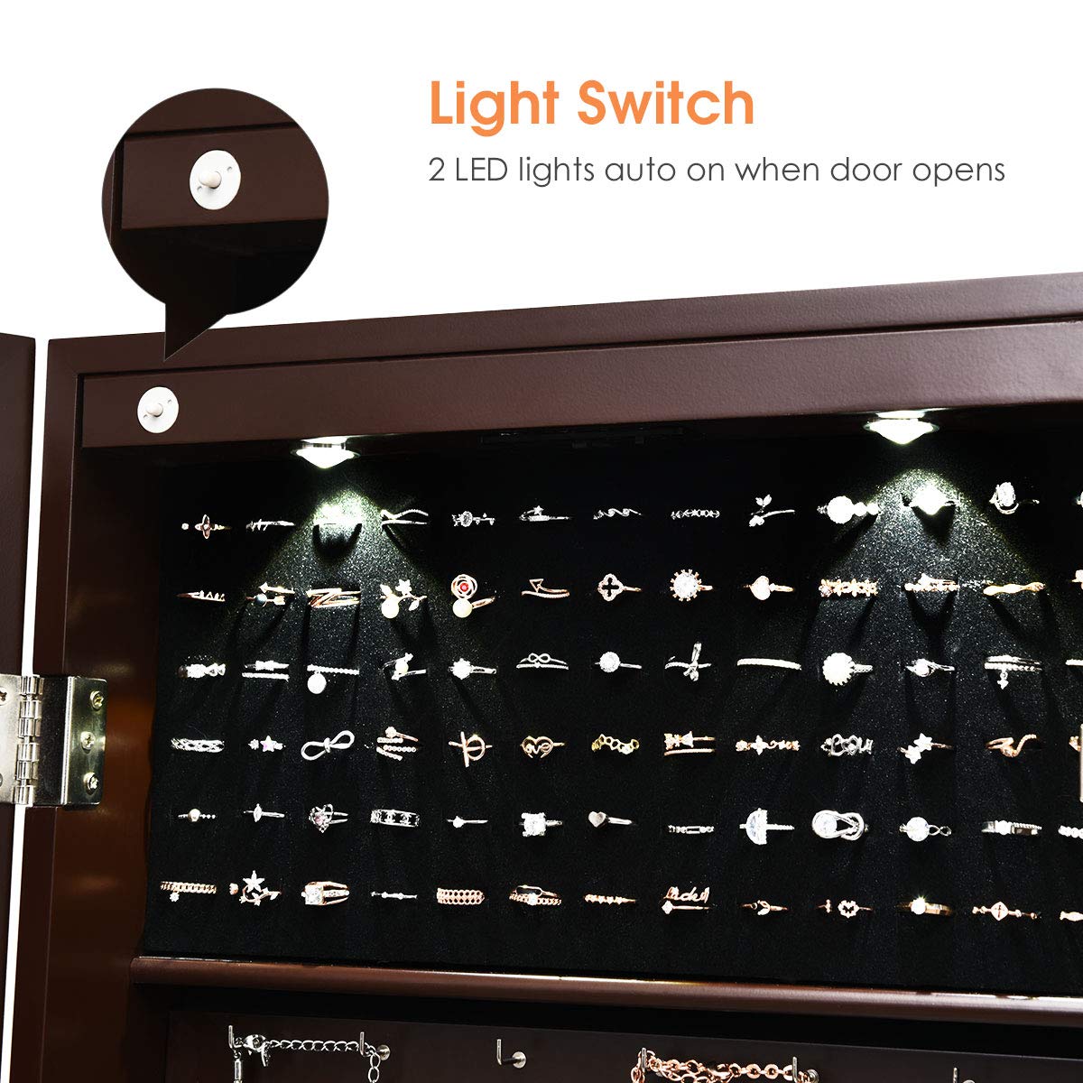 MAT EXPERT Wall/Door Mounted Jewelry Armoire with LED Lights - Lockable Jewelry Cabinet, Full-Length Mirror & Drawers - Jewelry Organizer for Necklaces, Rings & Makeup (Brown) - Perfect for Bedroom, Closet & Dressing Room Storage
