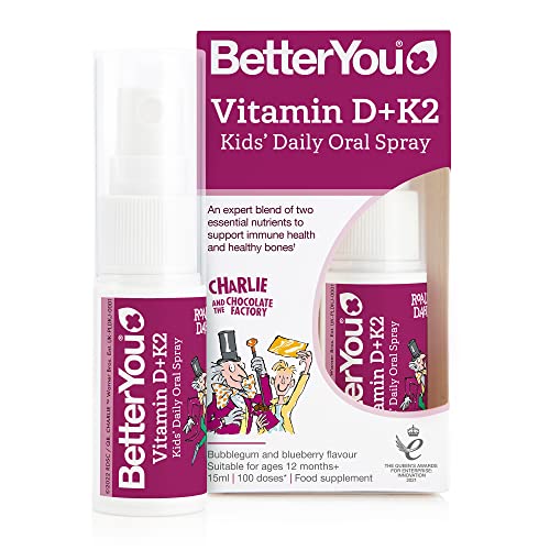 BetterYou Vitamin D + K2 Kids' Daily Oral Spray - Blueberry & Bubblegum Flavor | Immune Support & Bone Health Supplement for Children | Perfect for School, Travel & Active Lifestyles