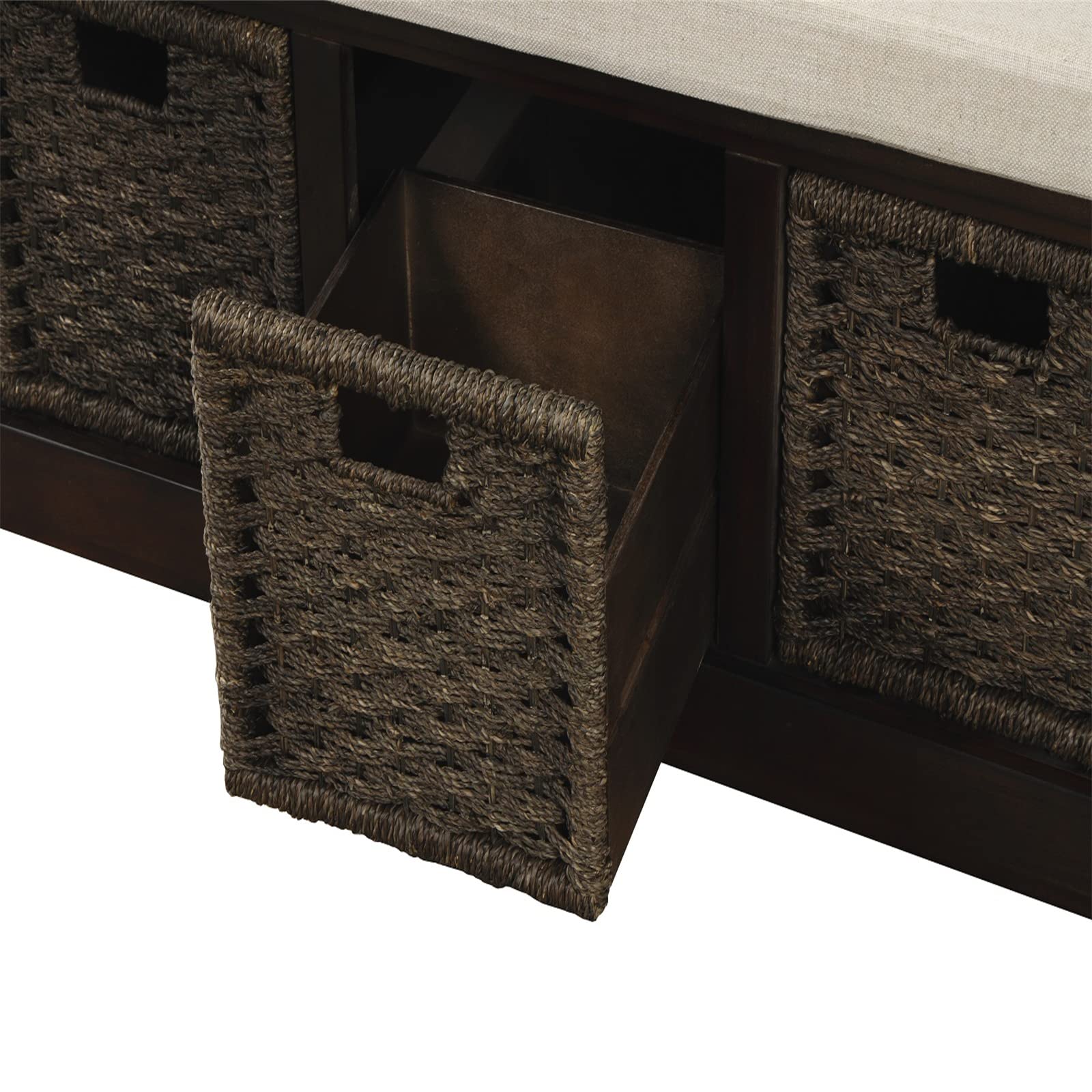 VERYKE Entryway Storage Bench with Removable Cushion & 3 Rattan Baskets - Shoe Bench with Hollow Handle for Living Room, Bedroom, Hallway (Espresso) - Perfect for Organizing Shoes, Blankets & Home Decor