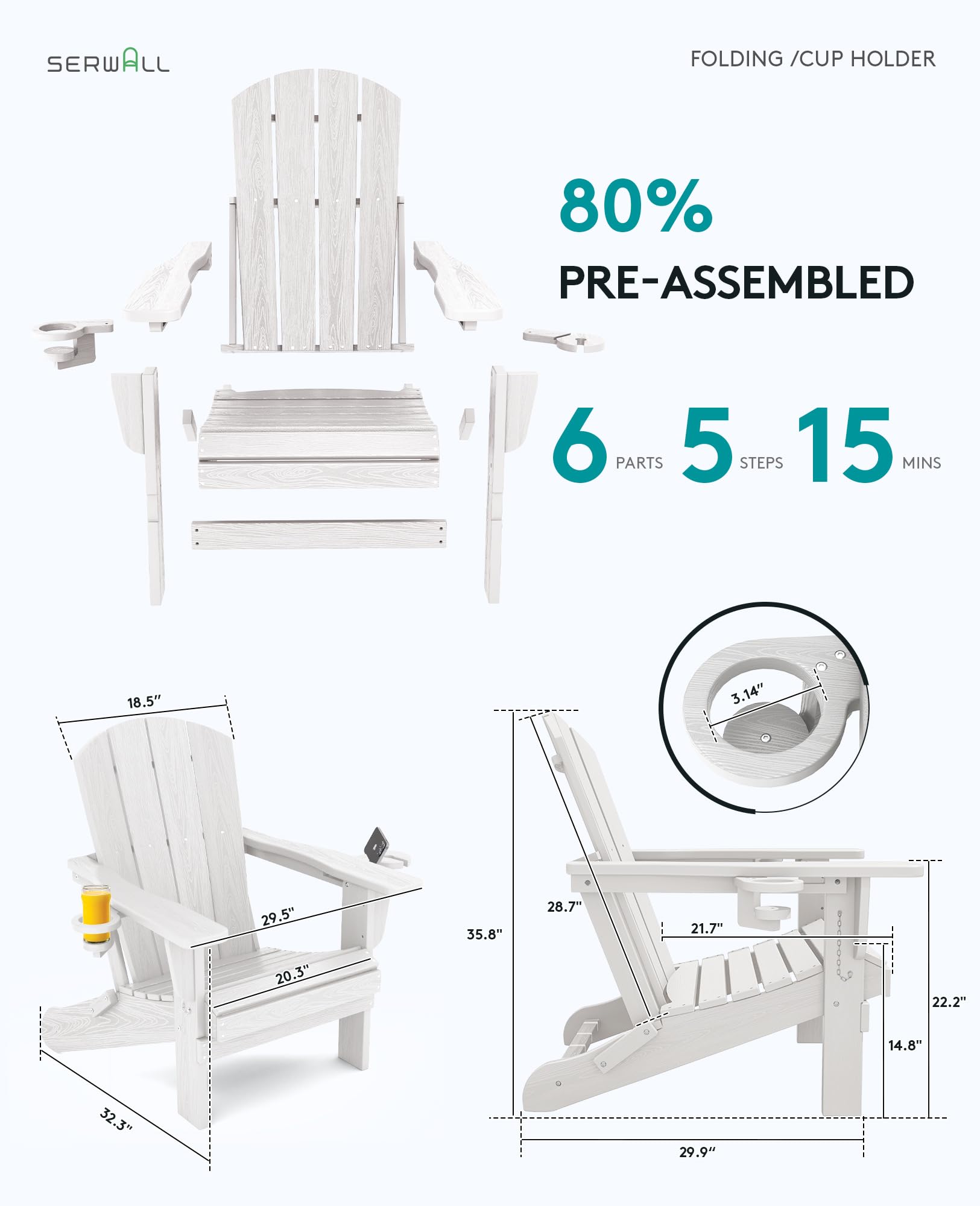 Premium SERWALL Adirondack Chair with Cup Holders - Durable HDPE Composite Outdoor Patio Furniture - All-Weather Resistant White Lounge Chair for Backyard, Poolside & Garden Relaxation