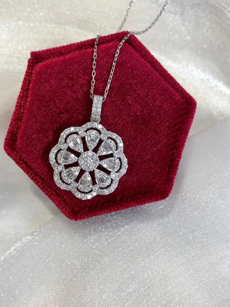 18K White Gold Sunflower Necklace with 1.05 Carat Natural Diamonds - Luxury Women's Jewelry for Banquets, Weddings & Special Occasions