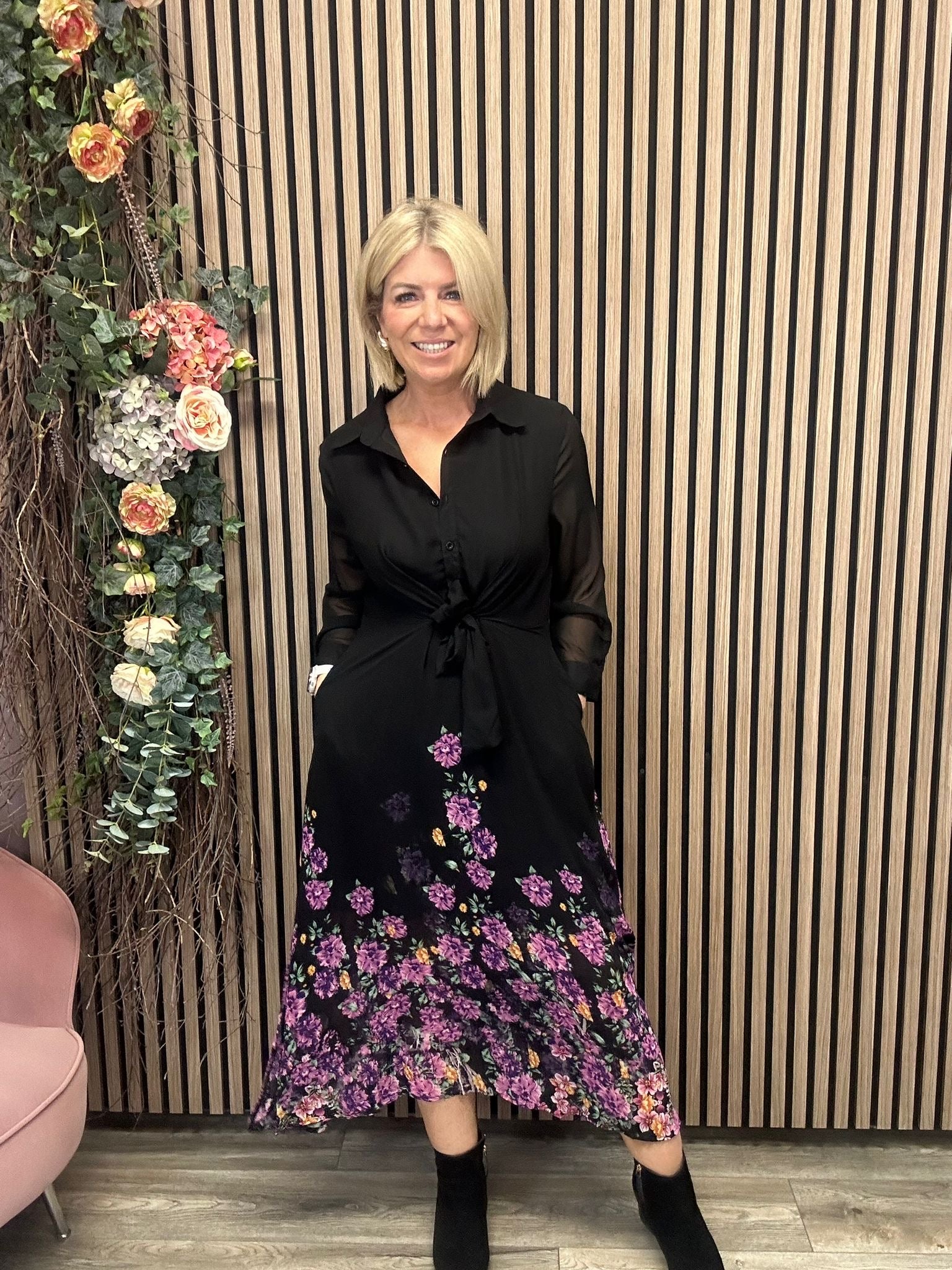 Isabella Purple Floral Print Tie Front Shirt Dress for Women - Elegant Summer Casual Outfit for Brunch, Date Night & Office Wear