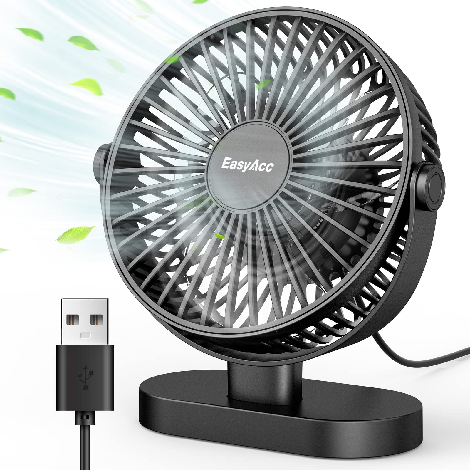 EasyAcc 6.5 Inch USB Desk Fan - Powerful Cooling Fan with 3 Speed Settings, 360° Adjustable, Ultra Quiet - Perfect for Home Office, Bedroom, Dorm Room & Travel - Compact Portable Table Fan (Battery Not Included)