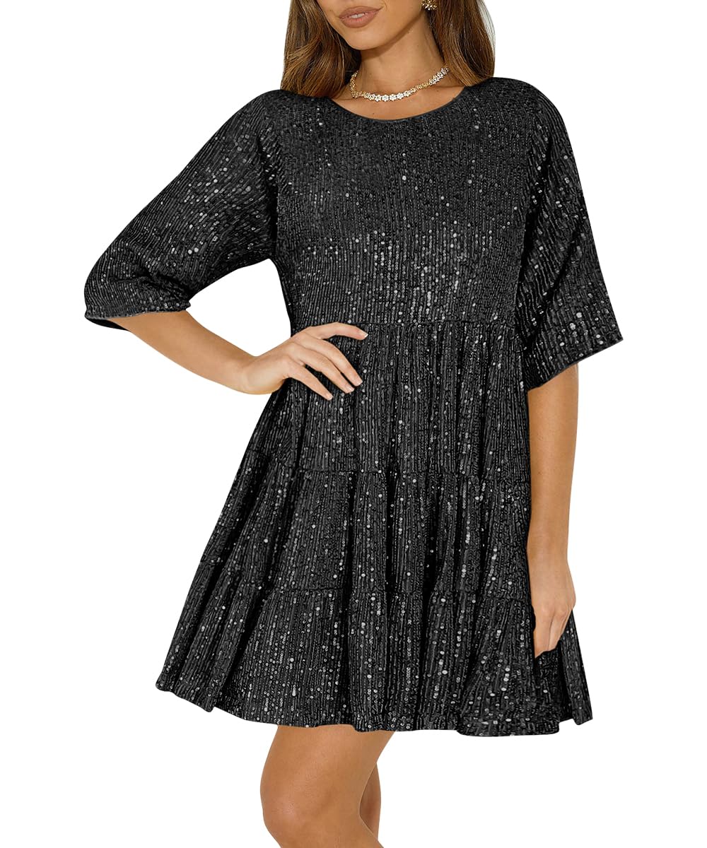 Sparkly Sequin Mini Dress for Women - Shiny Glitter Tiered Tunic Party Dress, Flowy Loose Fit for Club Night Out, Date Night & Special Occasions